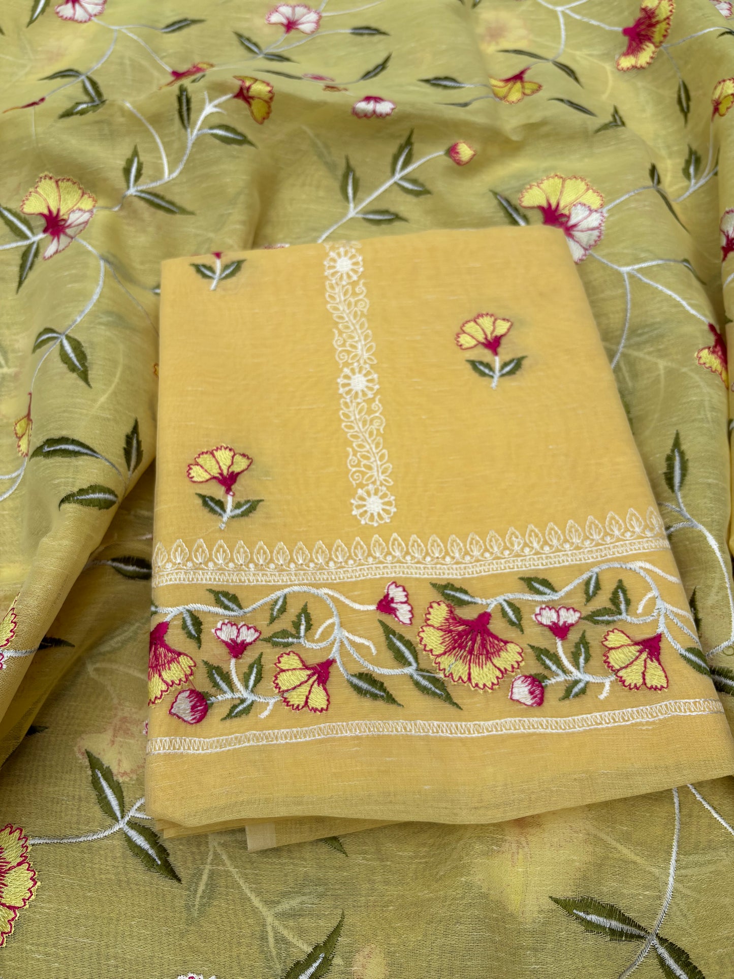 Yellow cotton linen embroidered 3 piece suit set