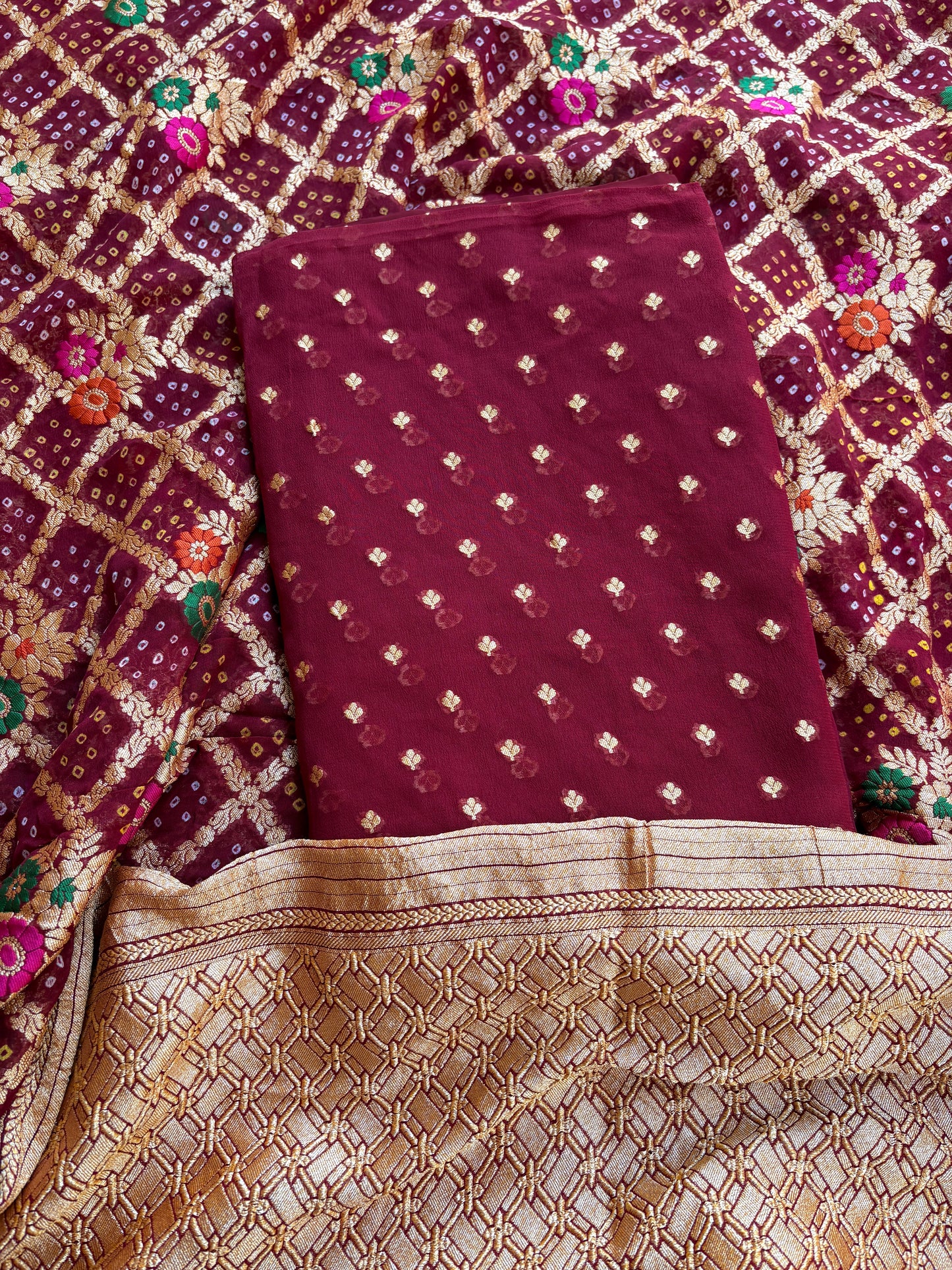 Maroon Khaddi georgette Meenakari suit set