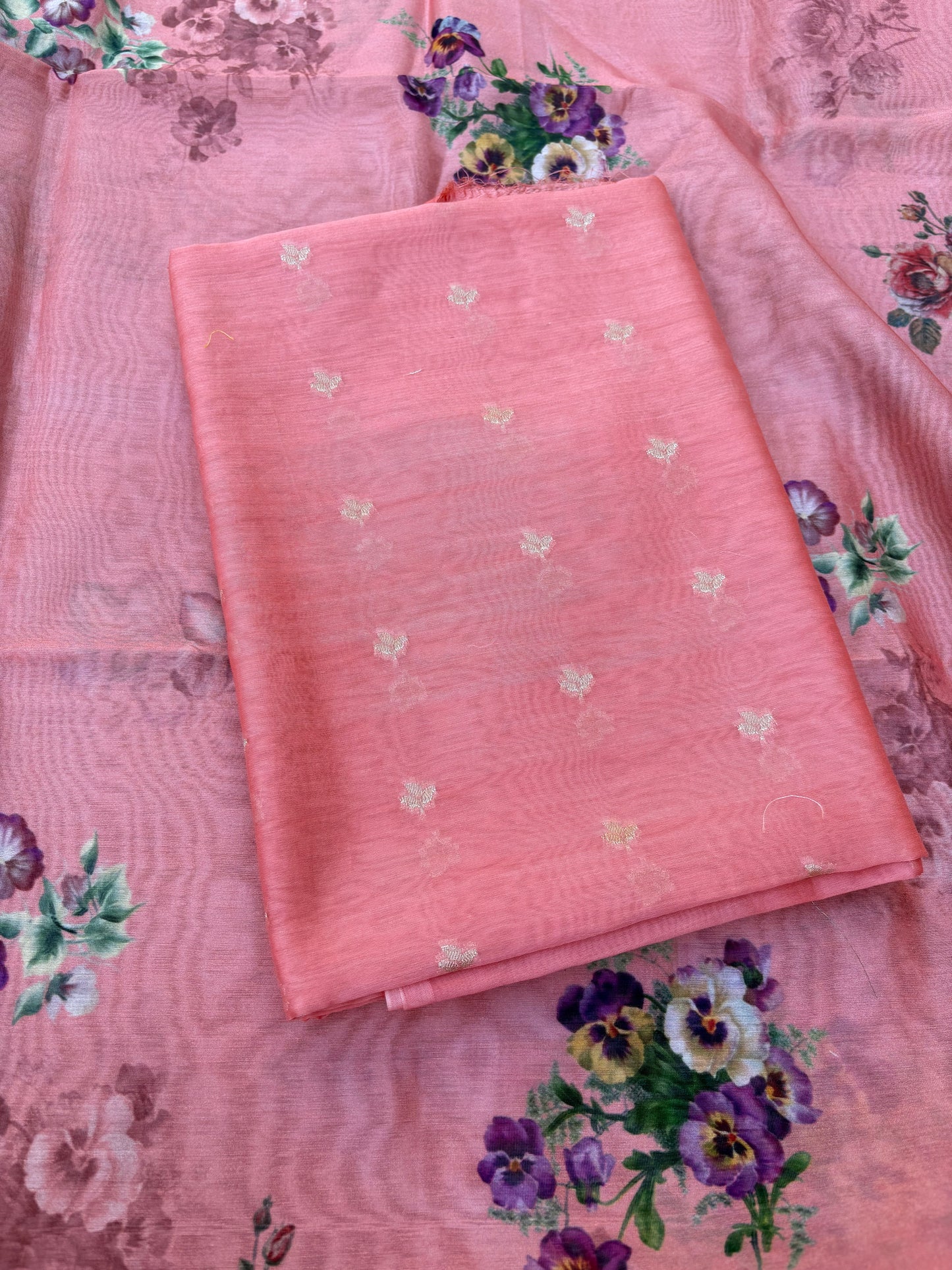 Peach mul Chanderi 3 piece Suit set