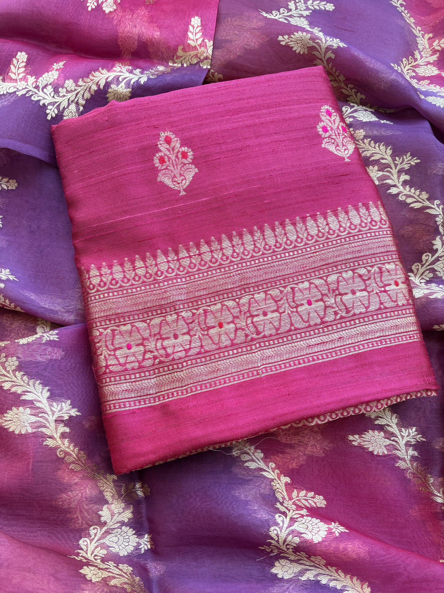 Pink raw silk suit with rangkat dupatta