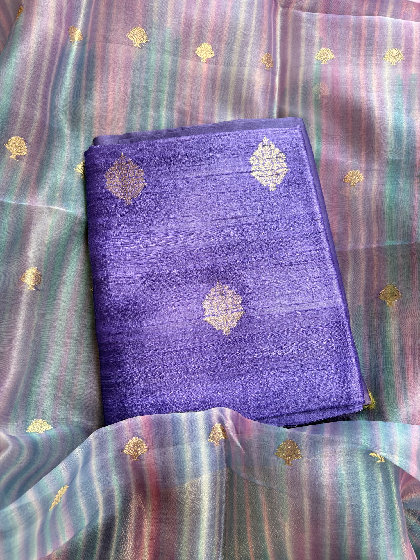 Pure raw silk kurta, bottom and kora digital dyed dupatta