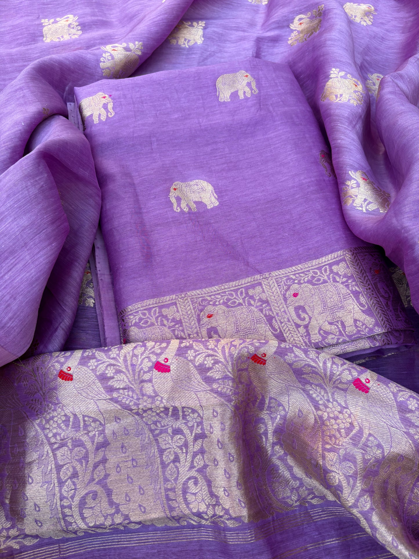 Lavender Linen silk elephant Motif kadhwa suit set