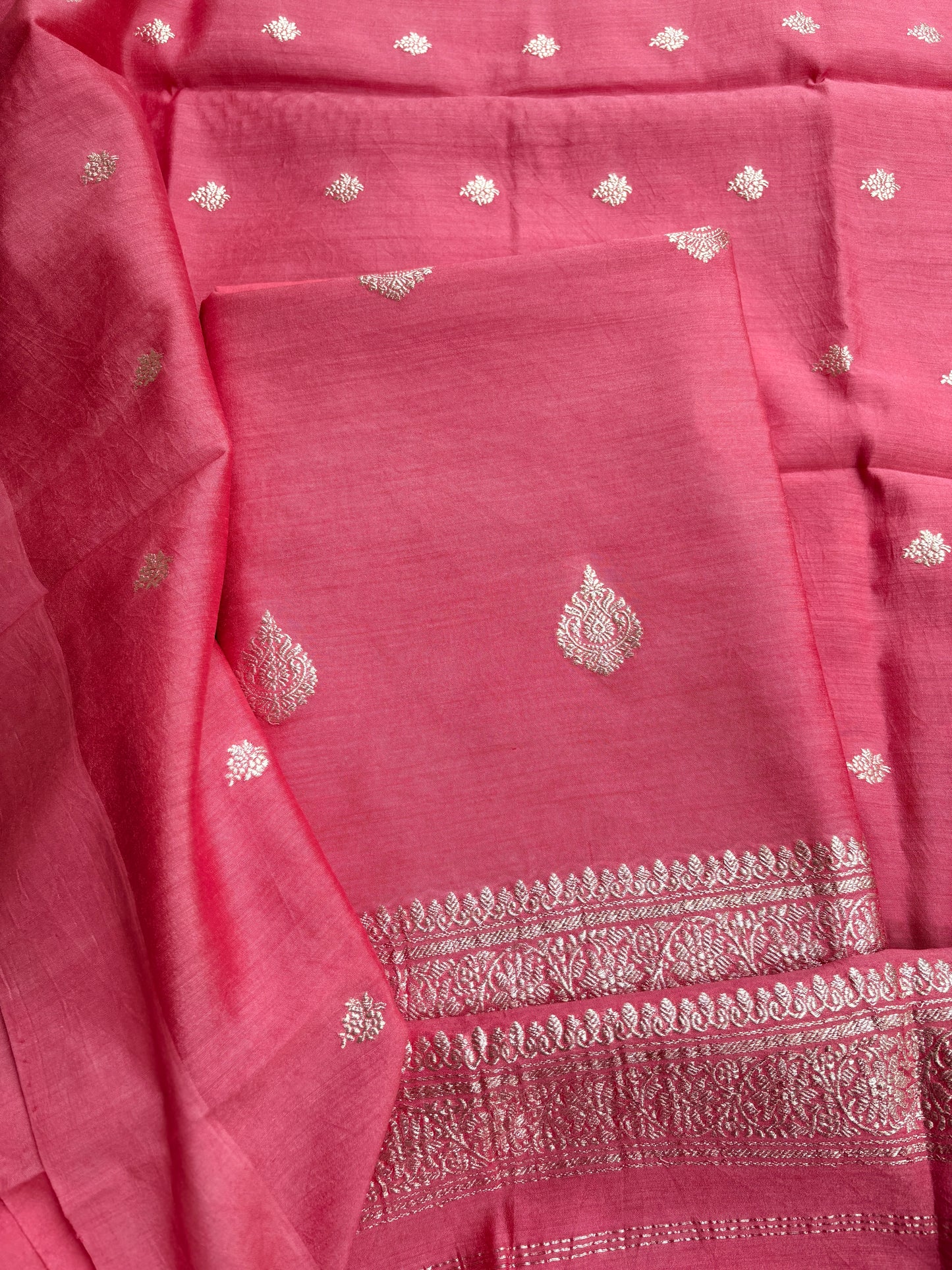 Peach moonga silk silver zari 3 piece suit set