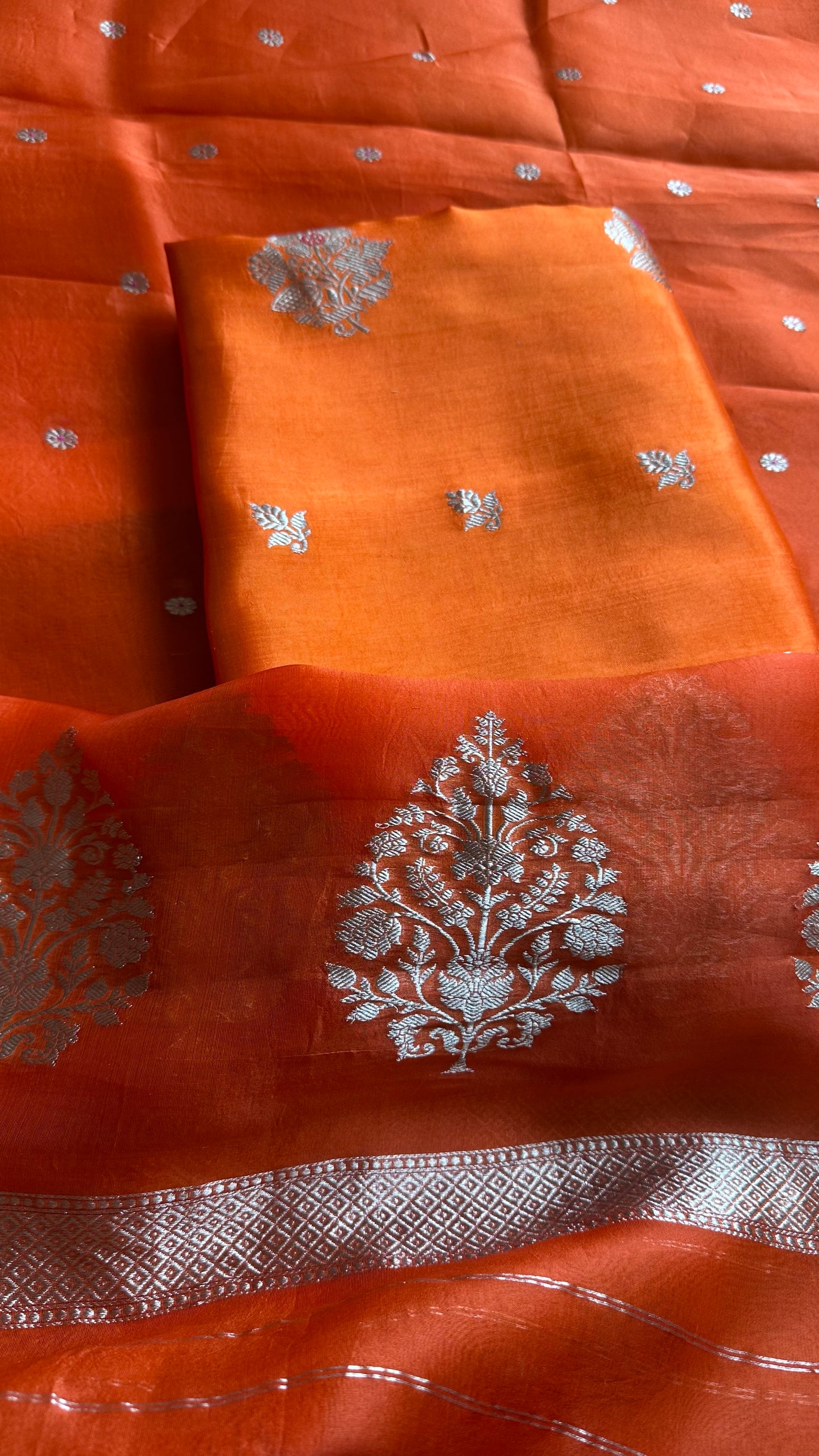 Orange raw mango silk kurta, pure silk bottom and kora silk dupatta