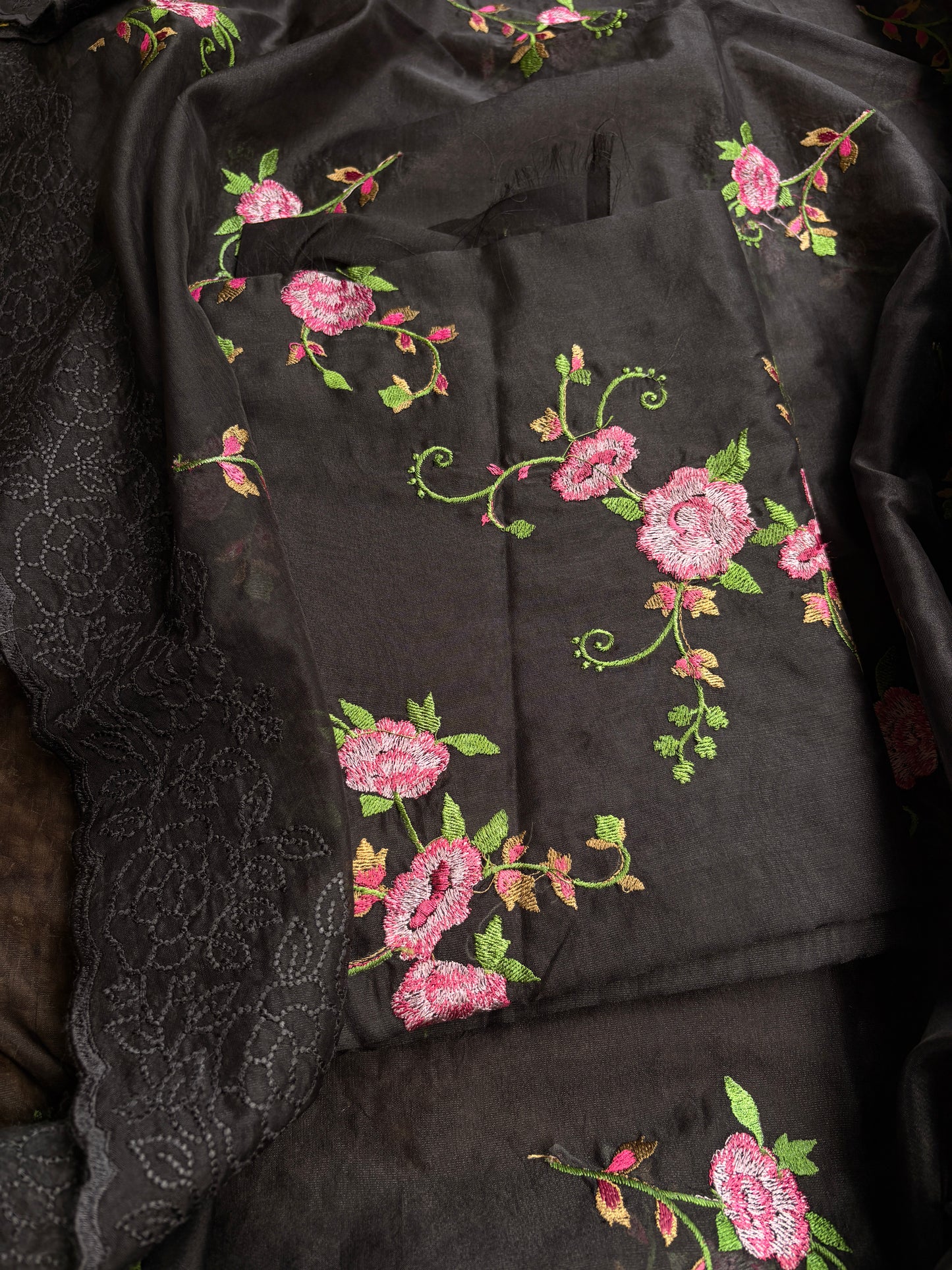 Black organza embroidered suit set