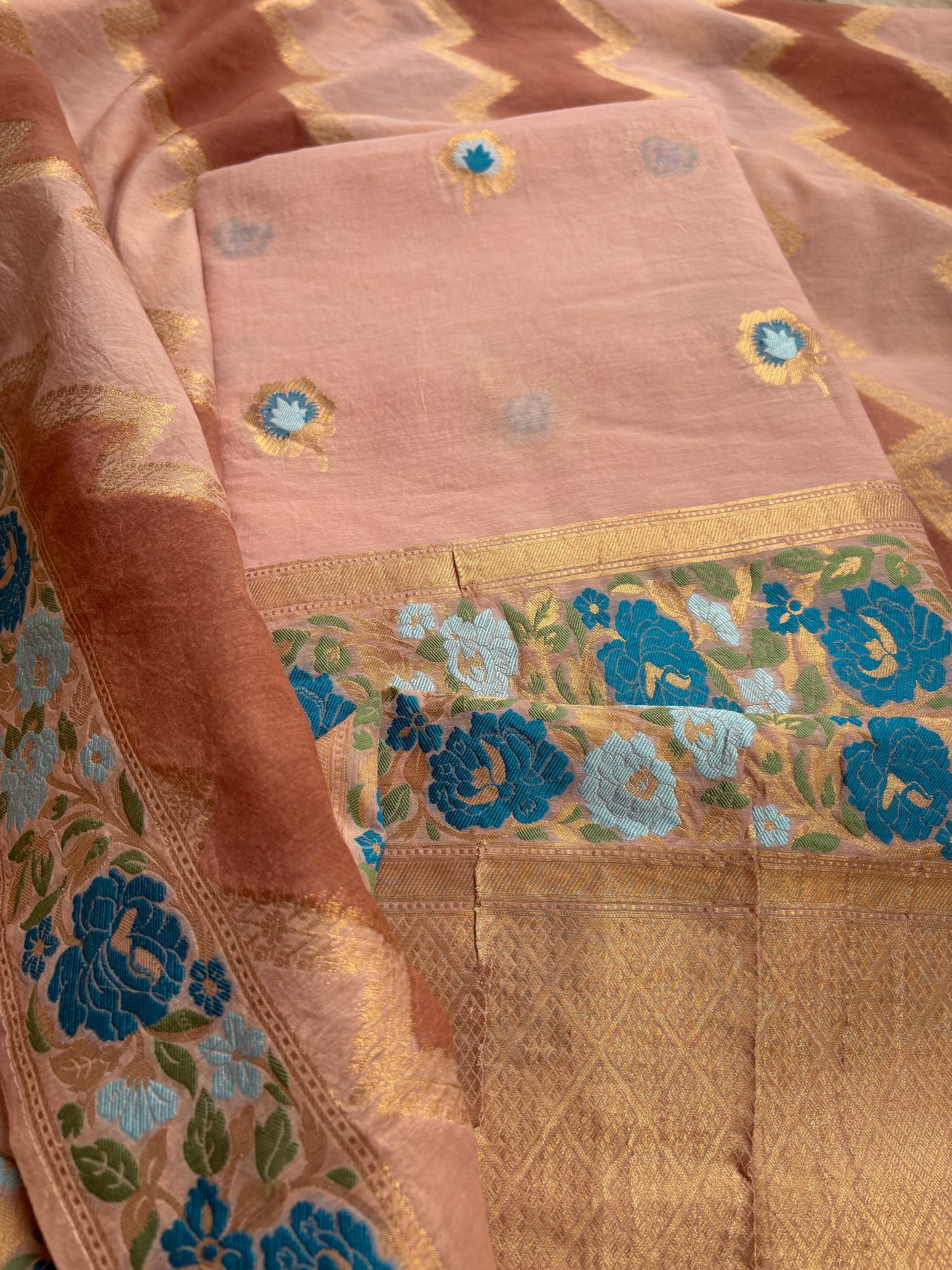 Peach Chanderi cotton 3 piece suit set