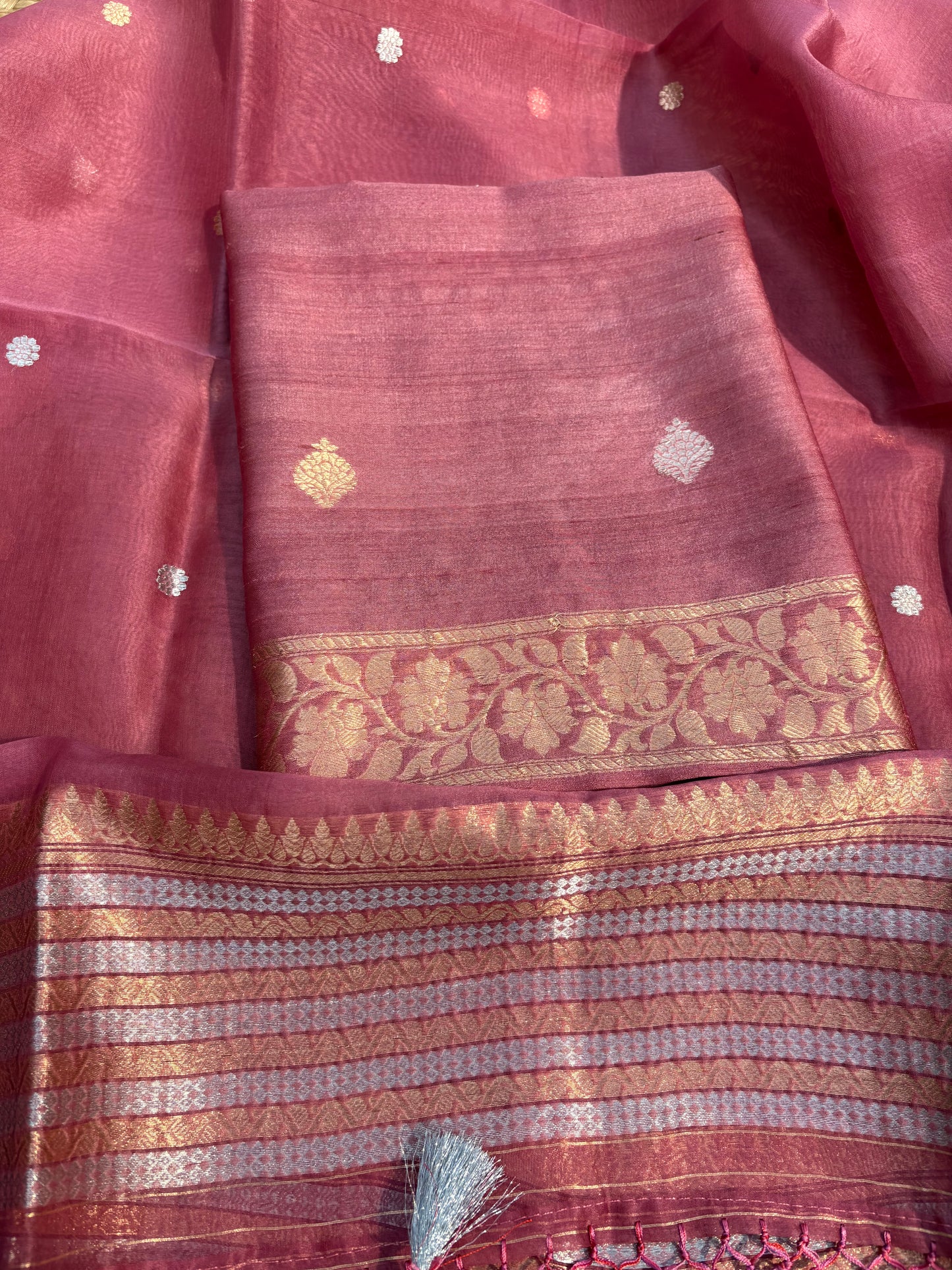 Pink tussar silk kurta, kora silk dupatta, plain silk bottom