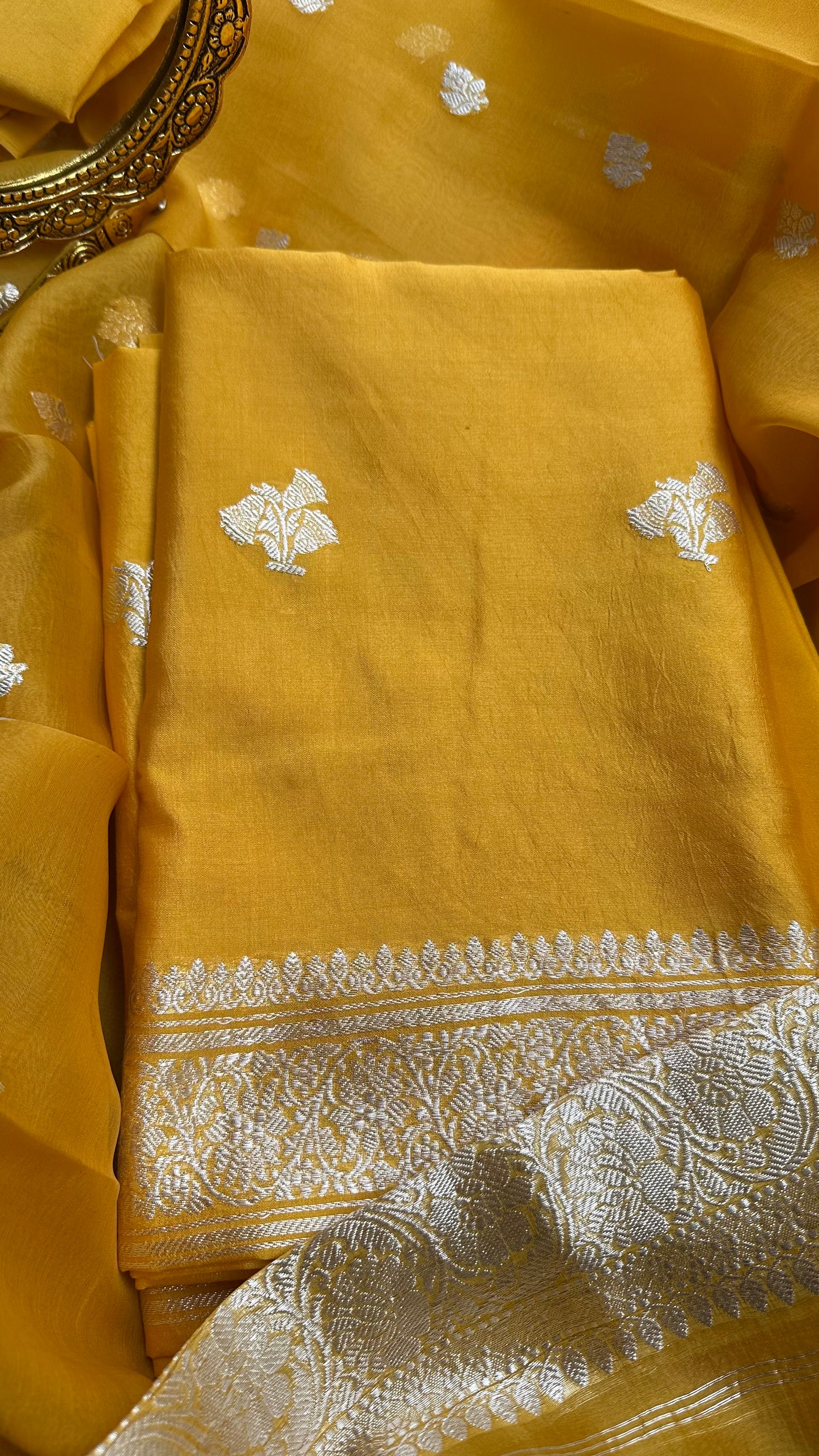 Yellow silver zari chiniya kora 3 piece suit set