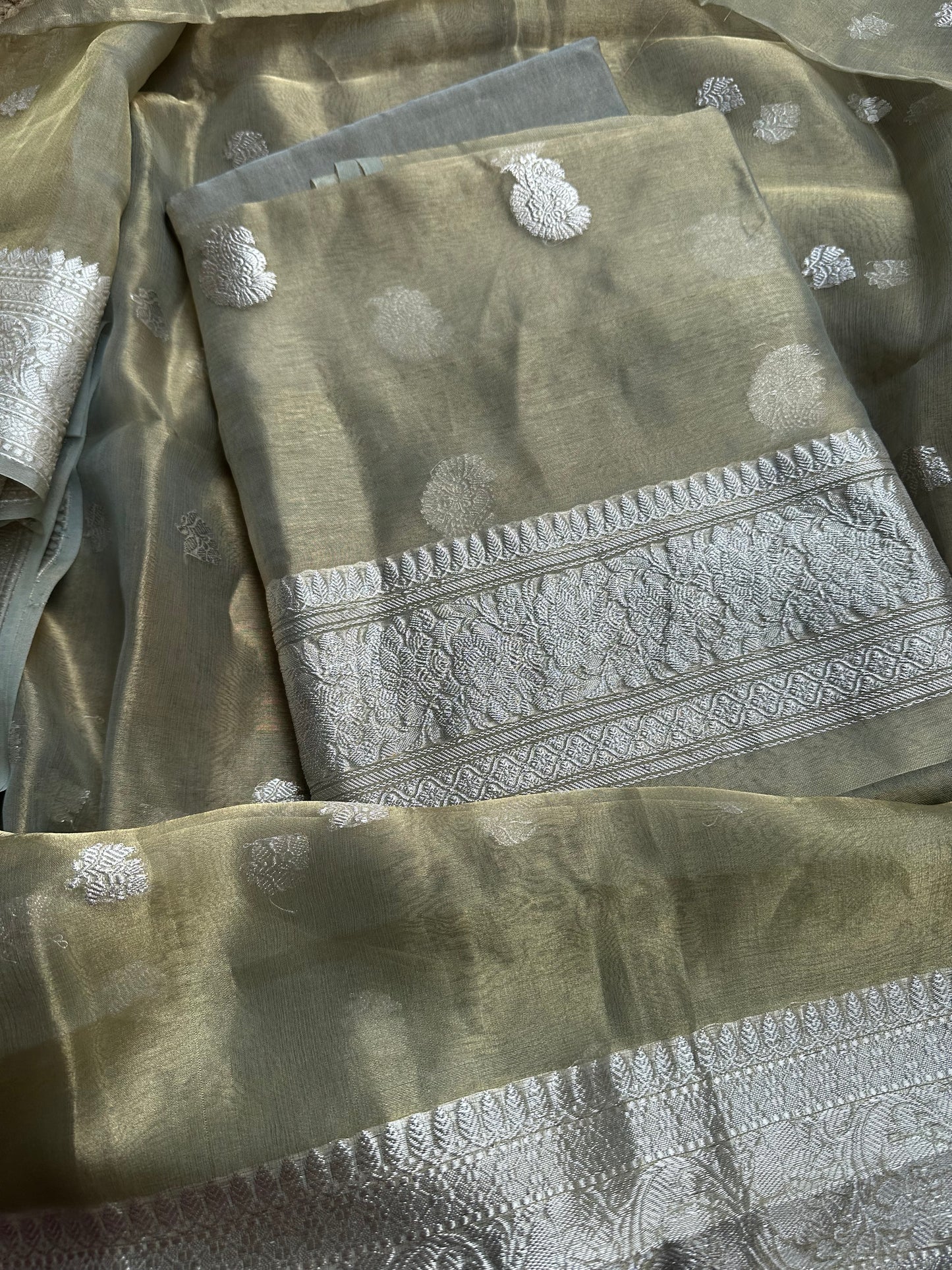 Mint green pure silver zari kadhwa tissue suit set