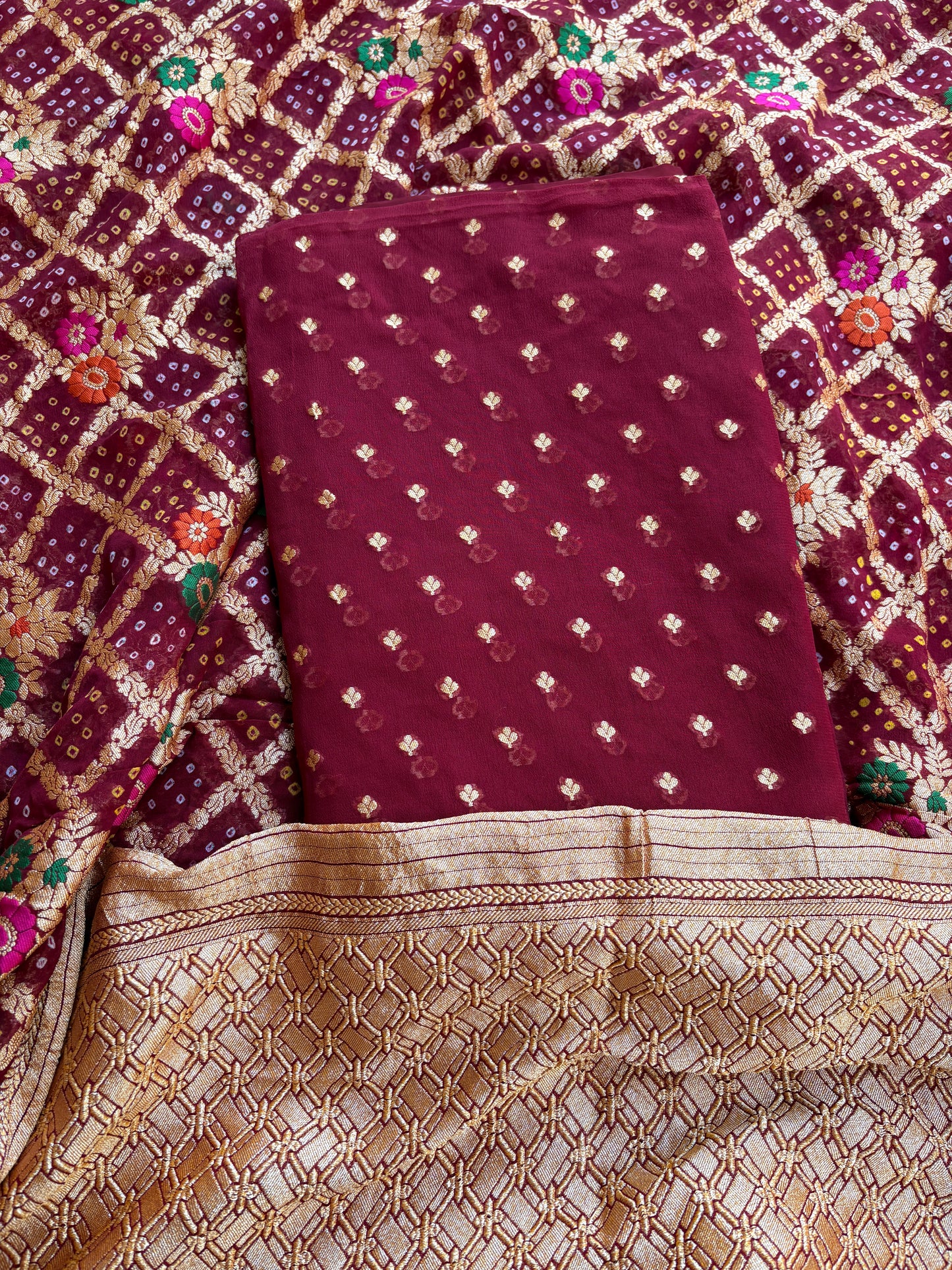 Maroon Khaddi georgette Meenakari suit set