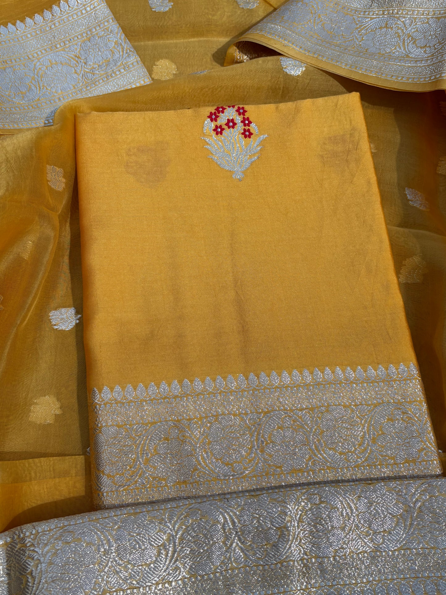 Mustard meenadar silver zari Chiniya kora 3 piece suit set