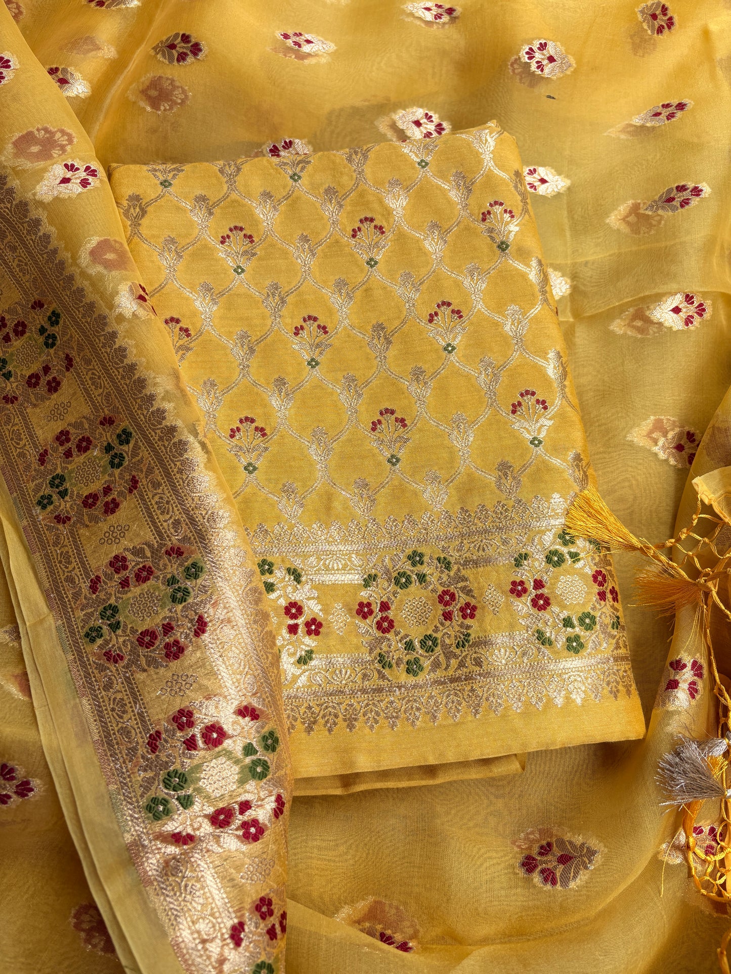 Yellow moonga silk kurta, kora kadhwa dupatta, plain bottom