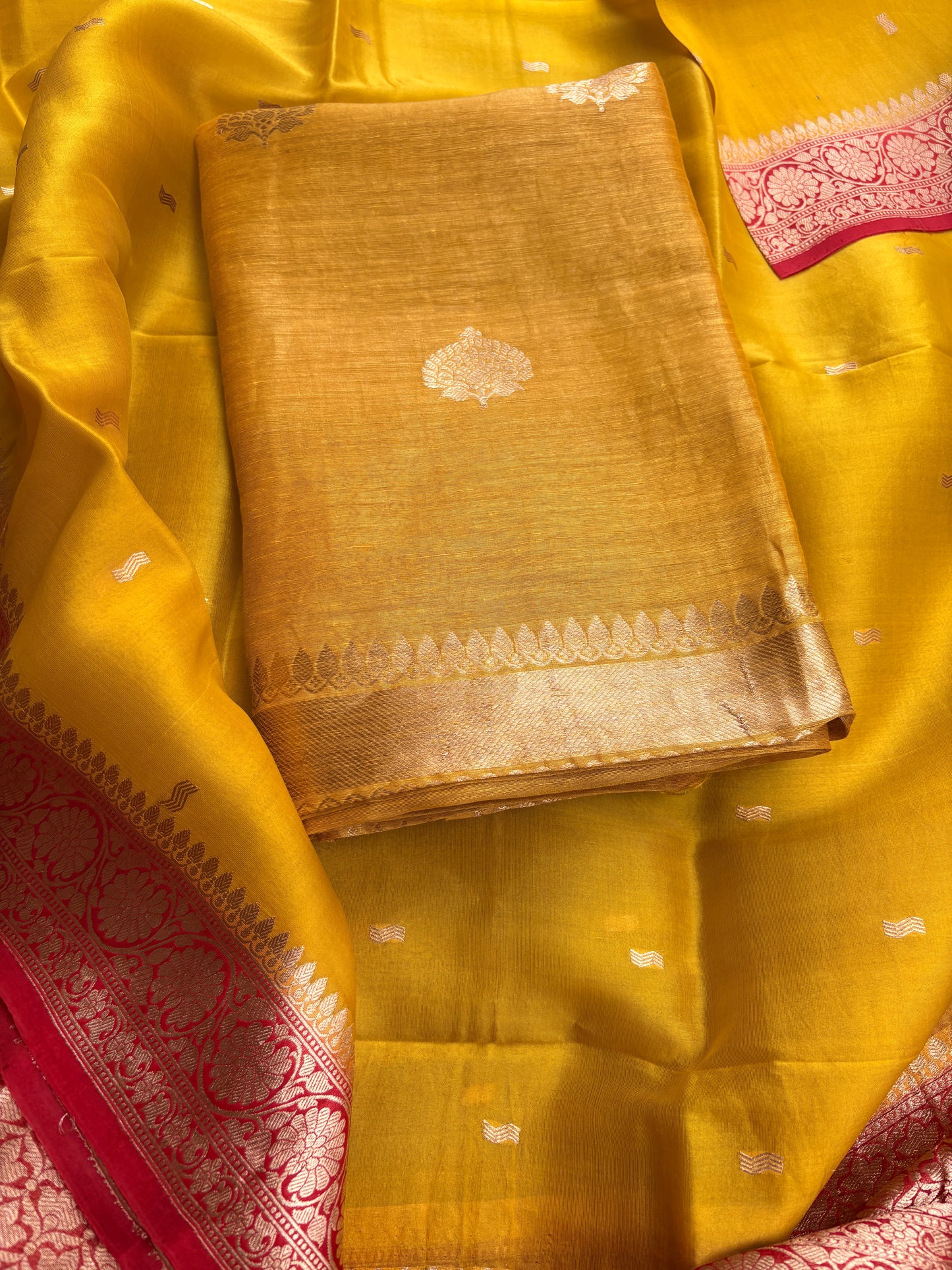 Yellow linen silk kurta, bottom, shaded kora dupatta