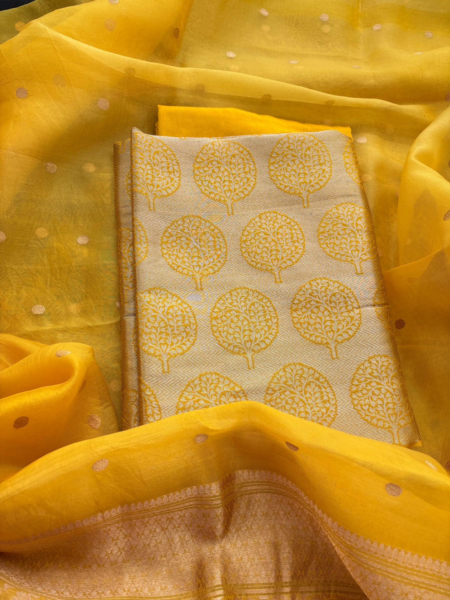 Yellow Katan brocade kurta and bottom , kora silk dupatta
