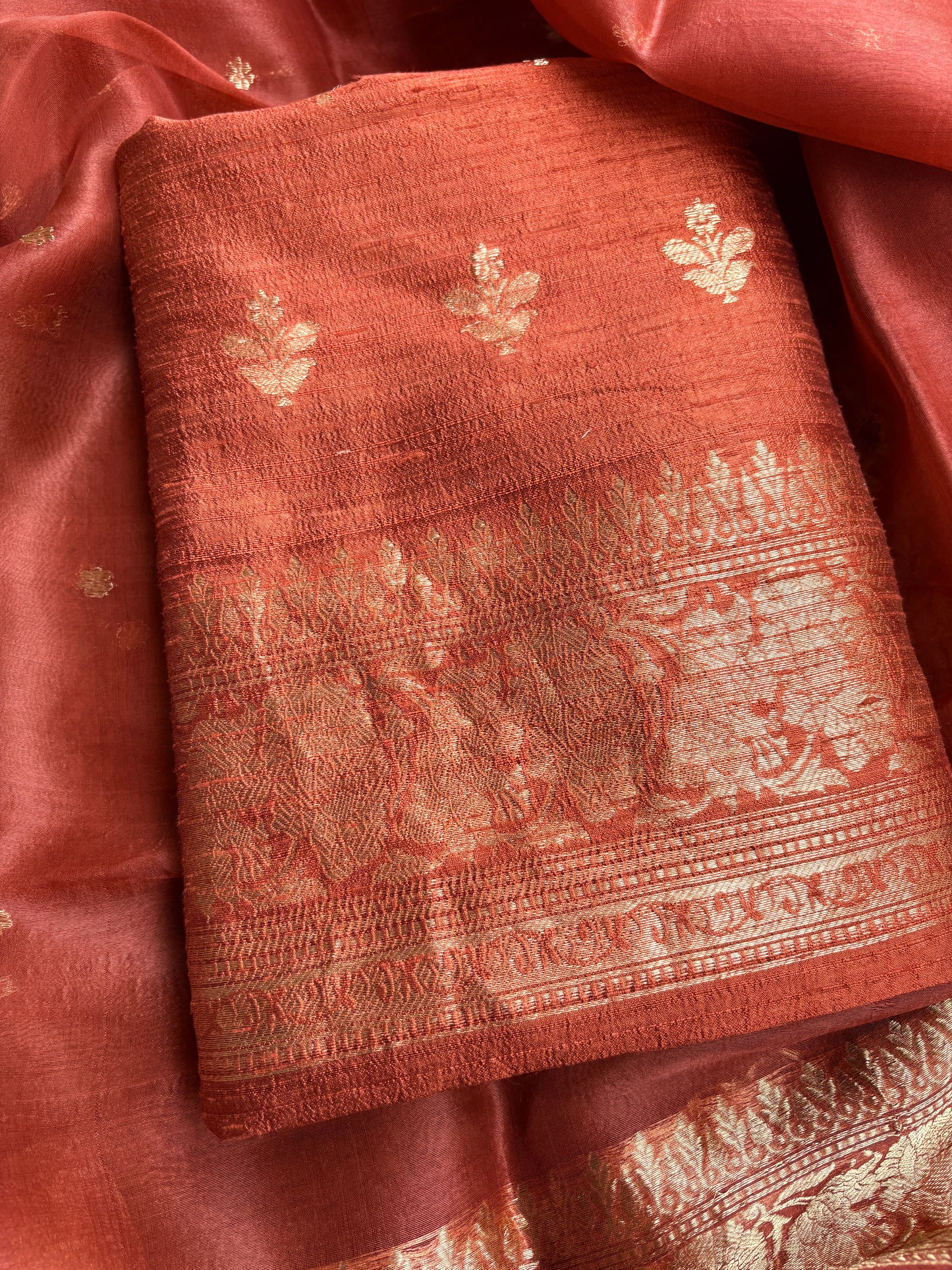 Rust raw silk kurta, bottom and kora kadhwa dupatta