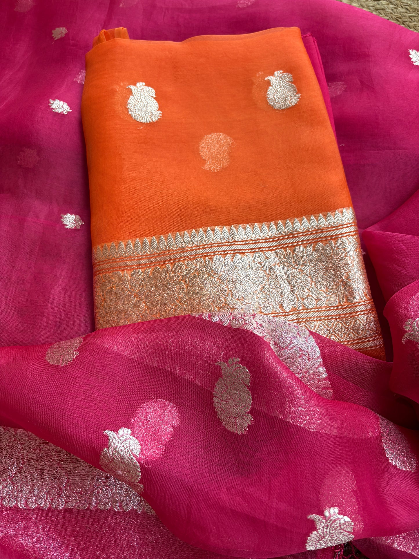 Orange pink kora kadhwa silver zari suit set