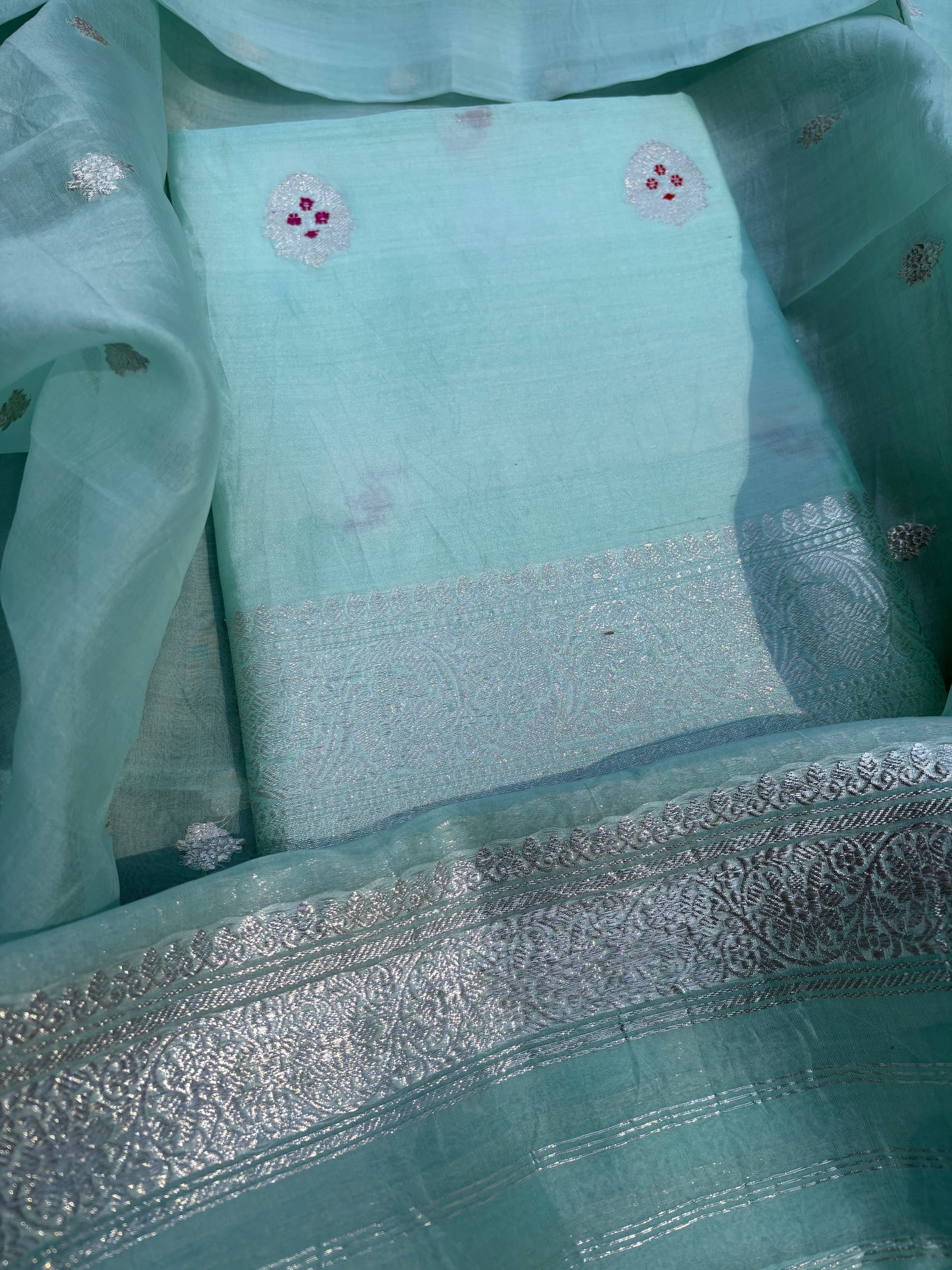 Turq silver zari meenadar kurta, kora silk dupatta, plain bottom