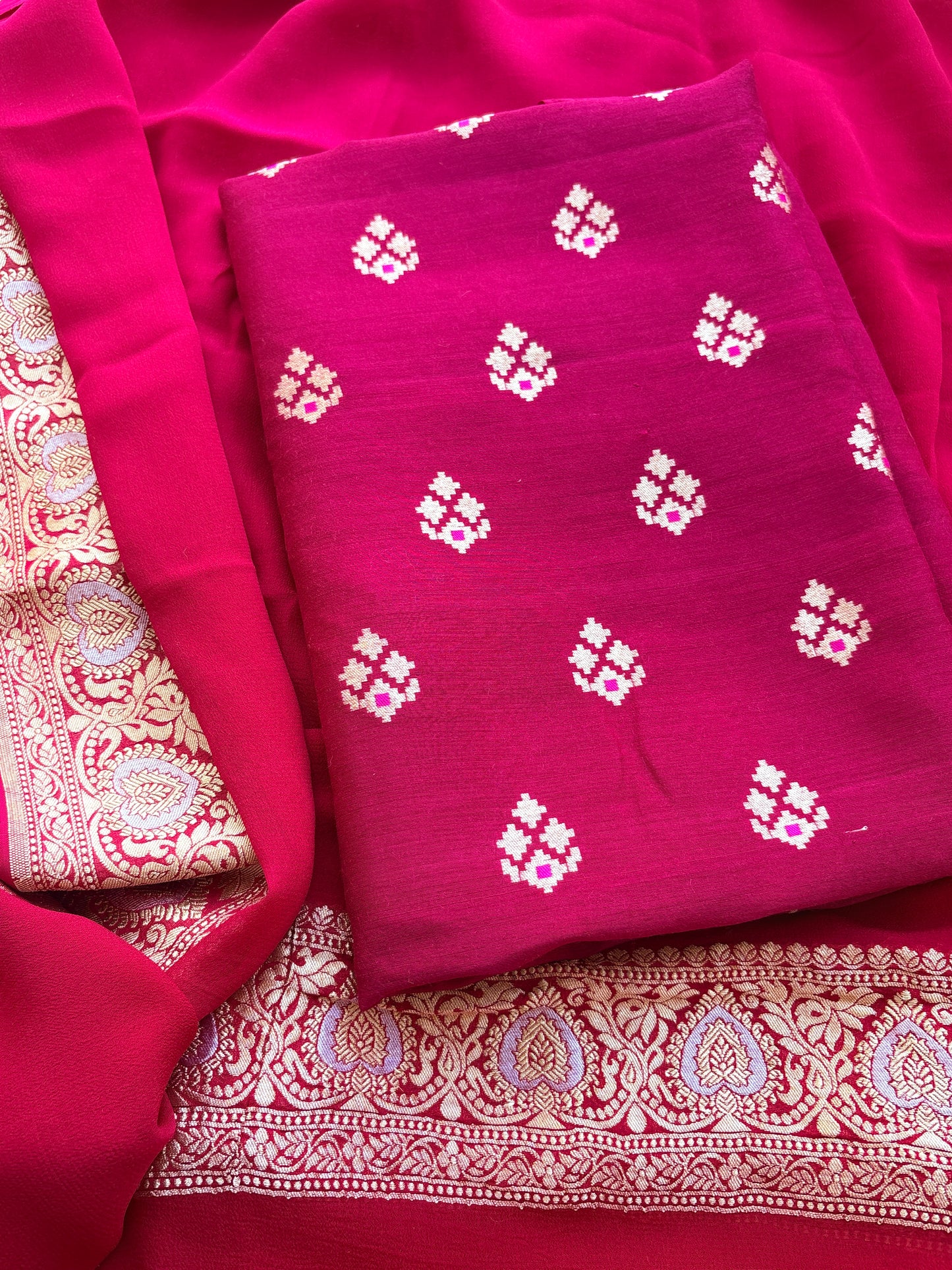 Pink moonga silk suit with Khaddi georgette kadhwa dupatta