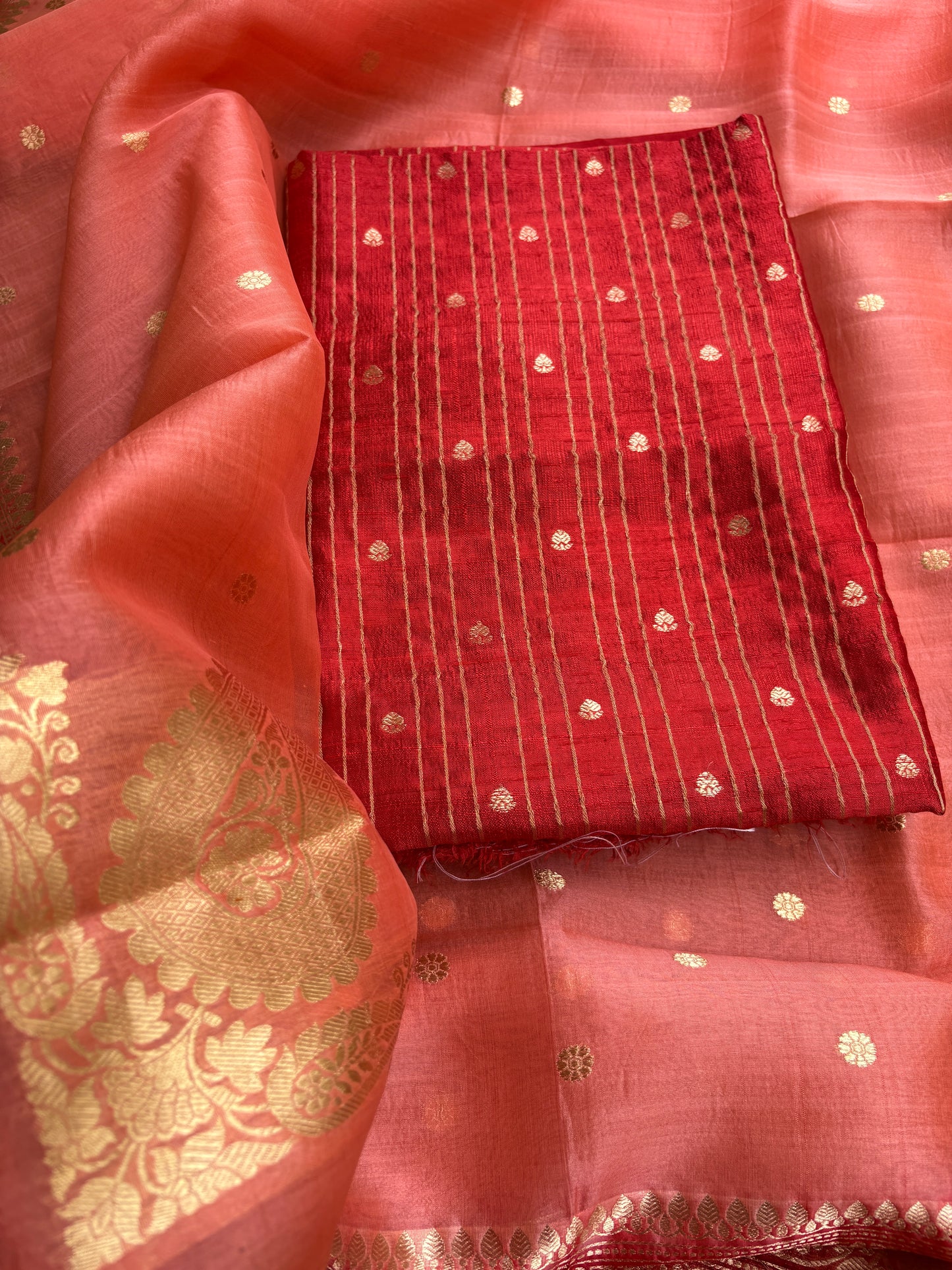 Red raw silk kurta, bottom and kora silk shaded dupatta