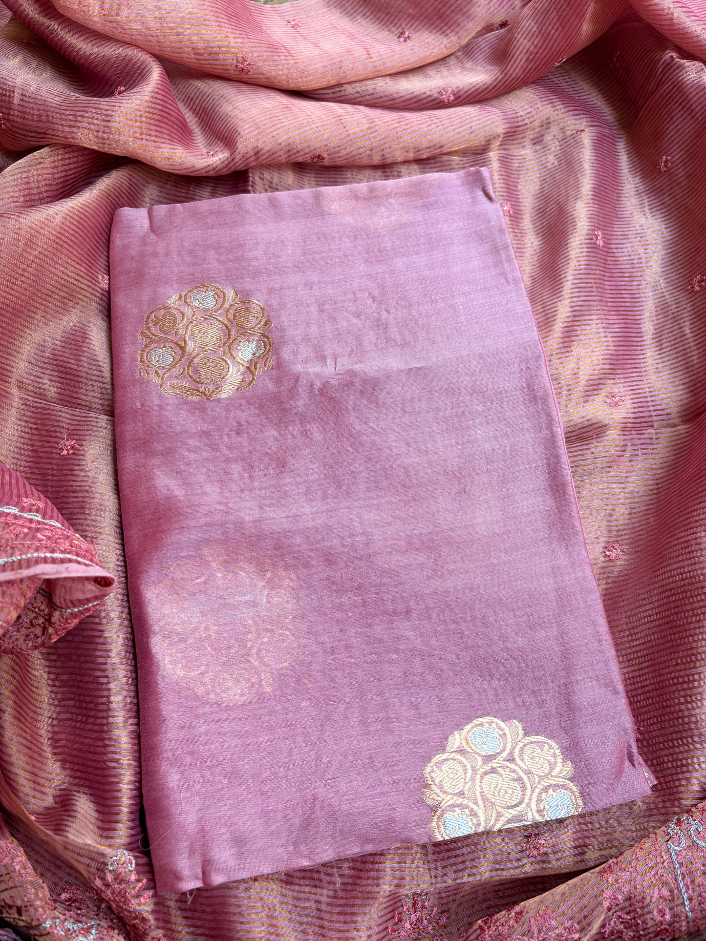 Pink handloom silk kadhwa kurta, bottom, tissue kadhwa dupatta