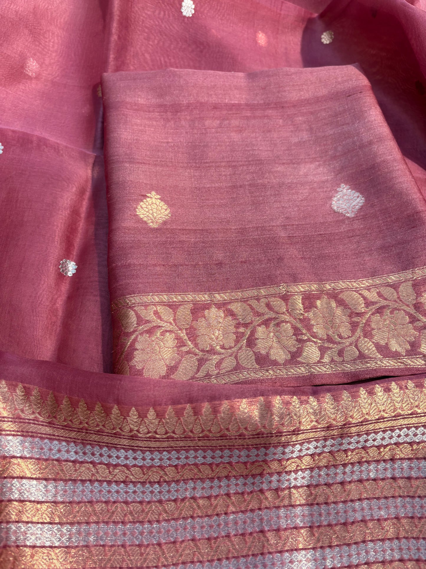 Pink tussar silk kurta, kora silk dupatta, plain silk bottom