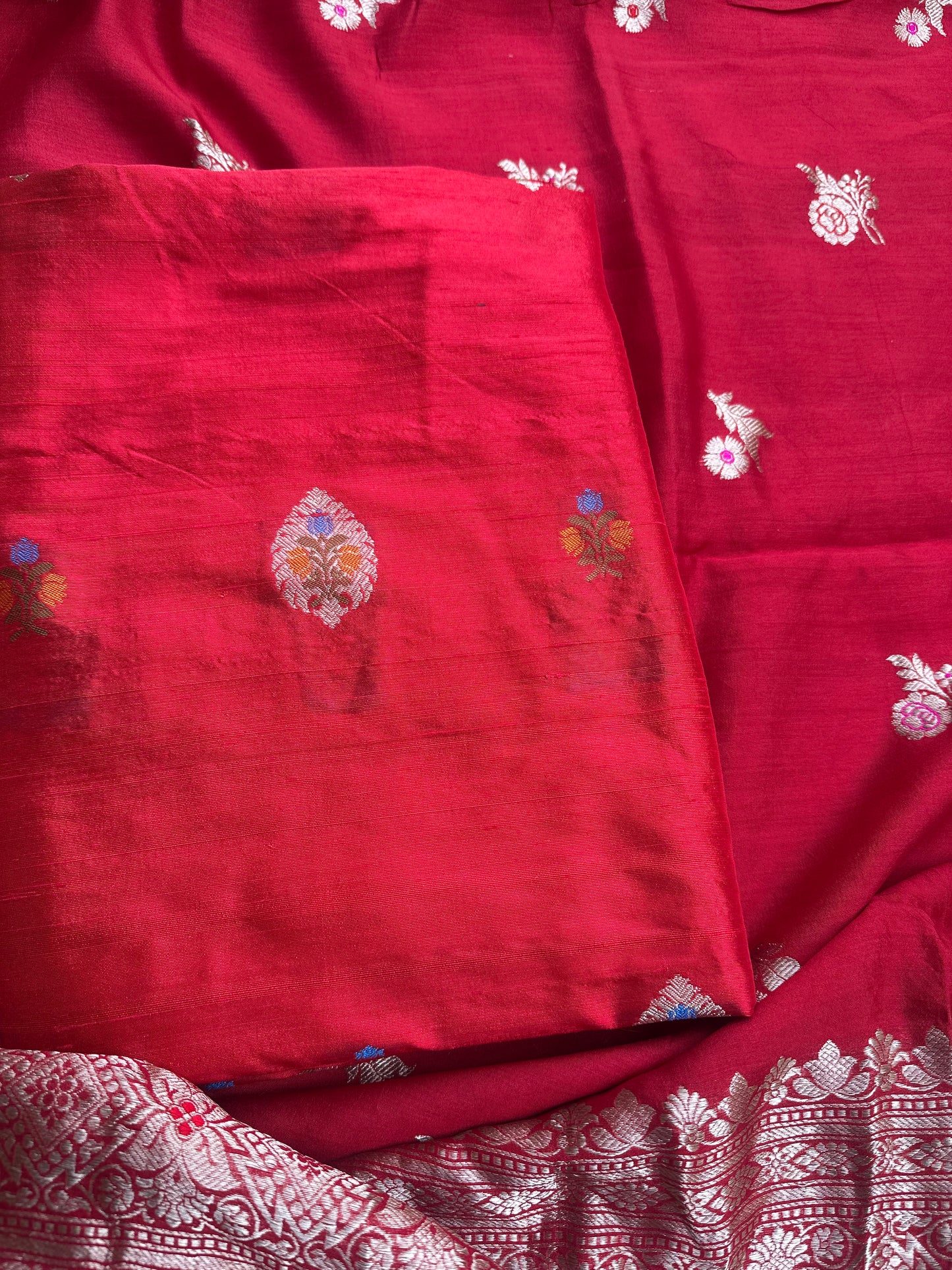 Red raw silk meenadar kurta, chiniya silk dupatta, plain raw silk bottom.