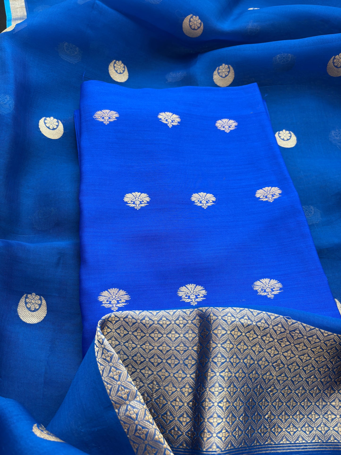 Blue raw mango silk kurta bottom and kora silk dupatta