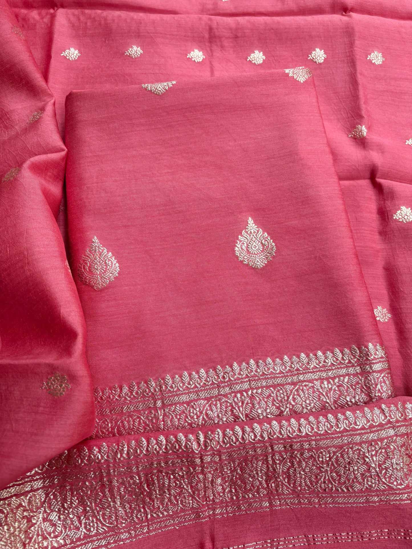 Peach moonga silk silver zari 3 piece suit set