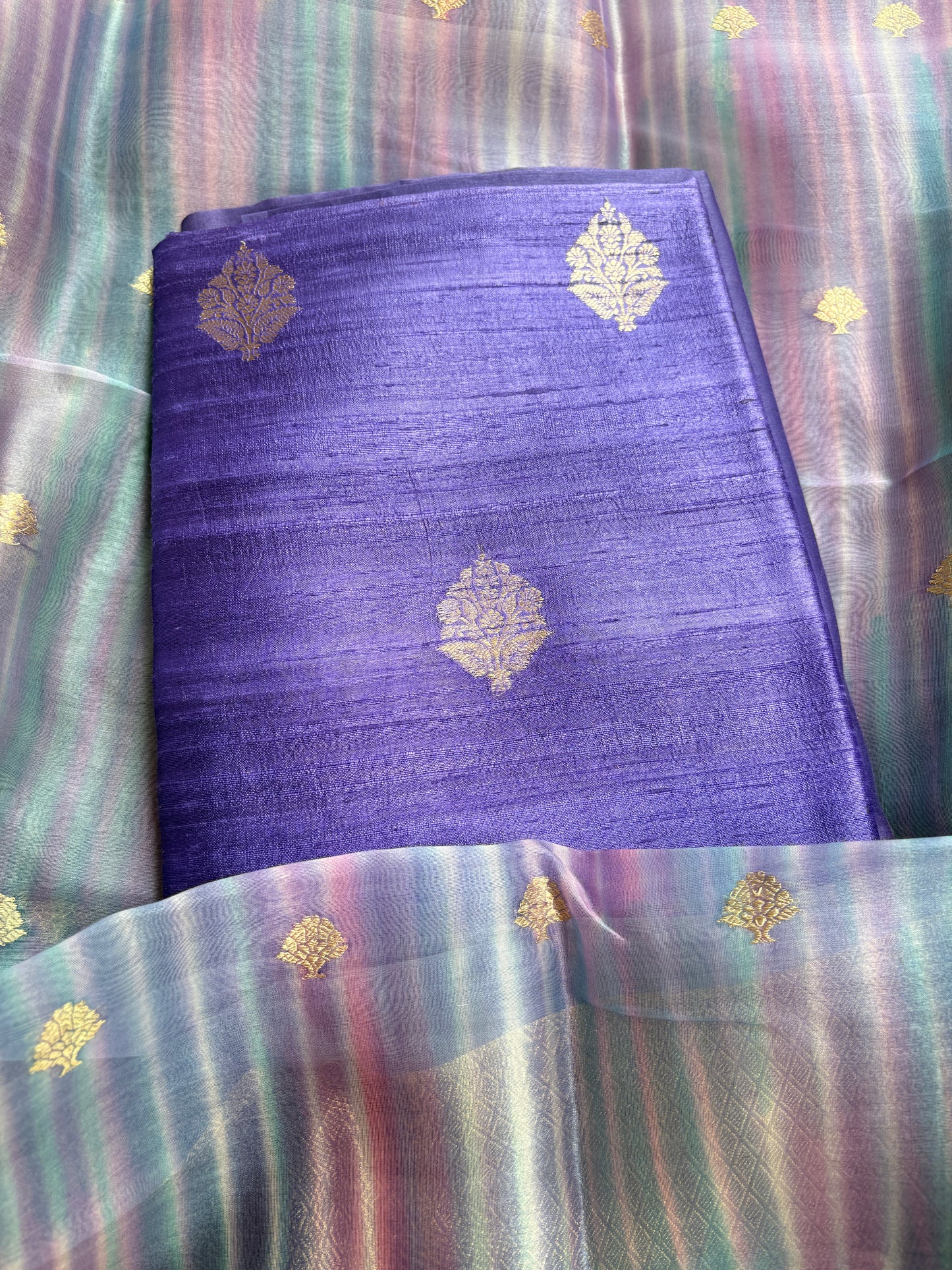 Pure raw silk kurta, bottom and kora digital dyed dupatta
