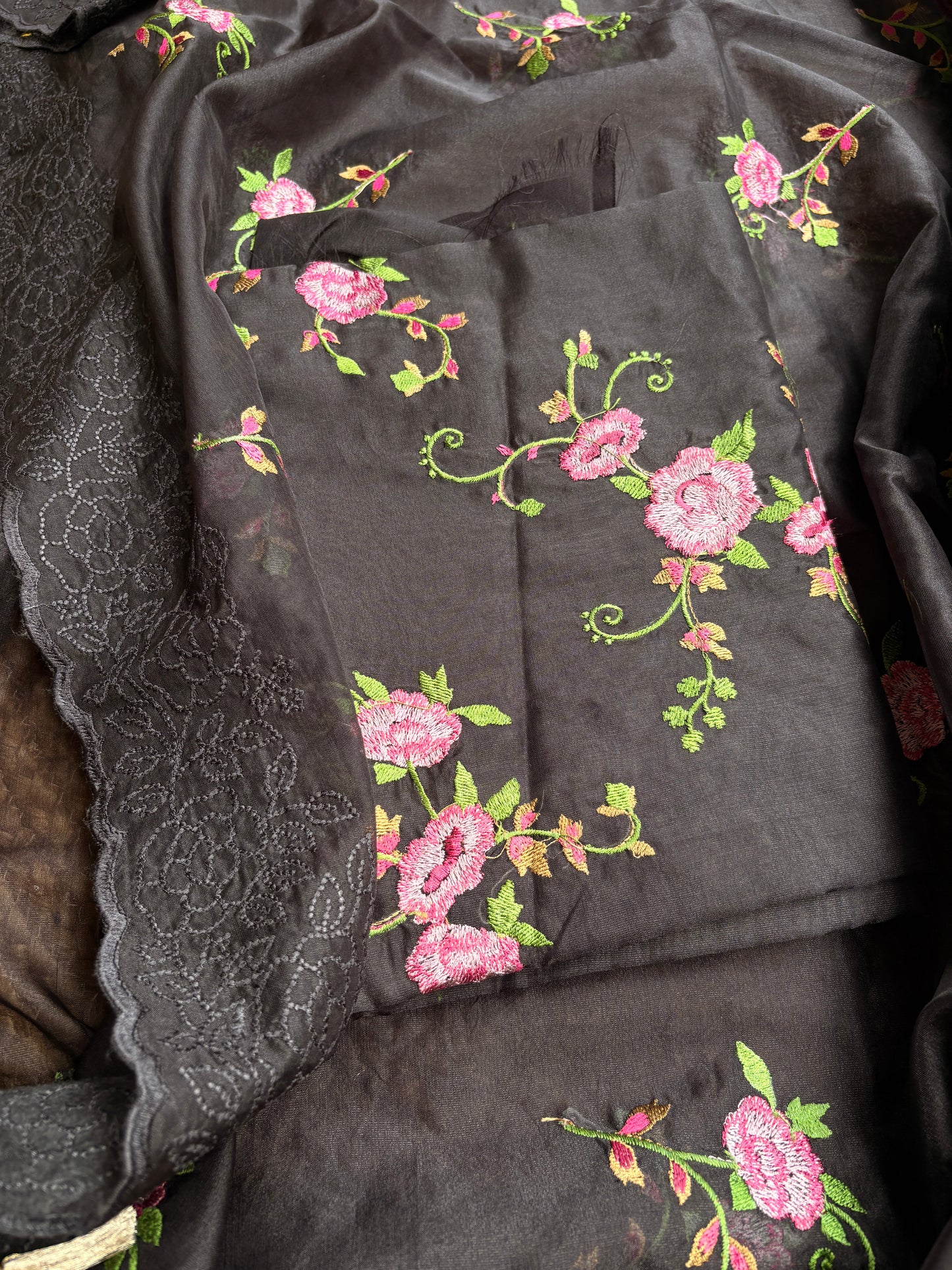 Black organza embroidered suit set