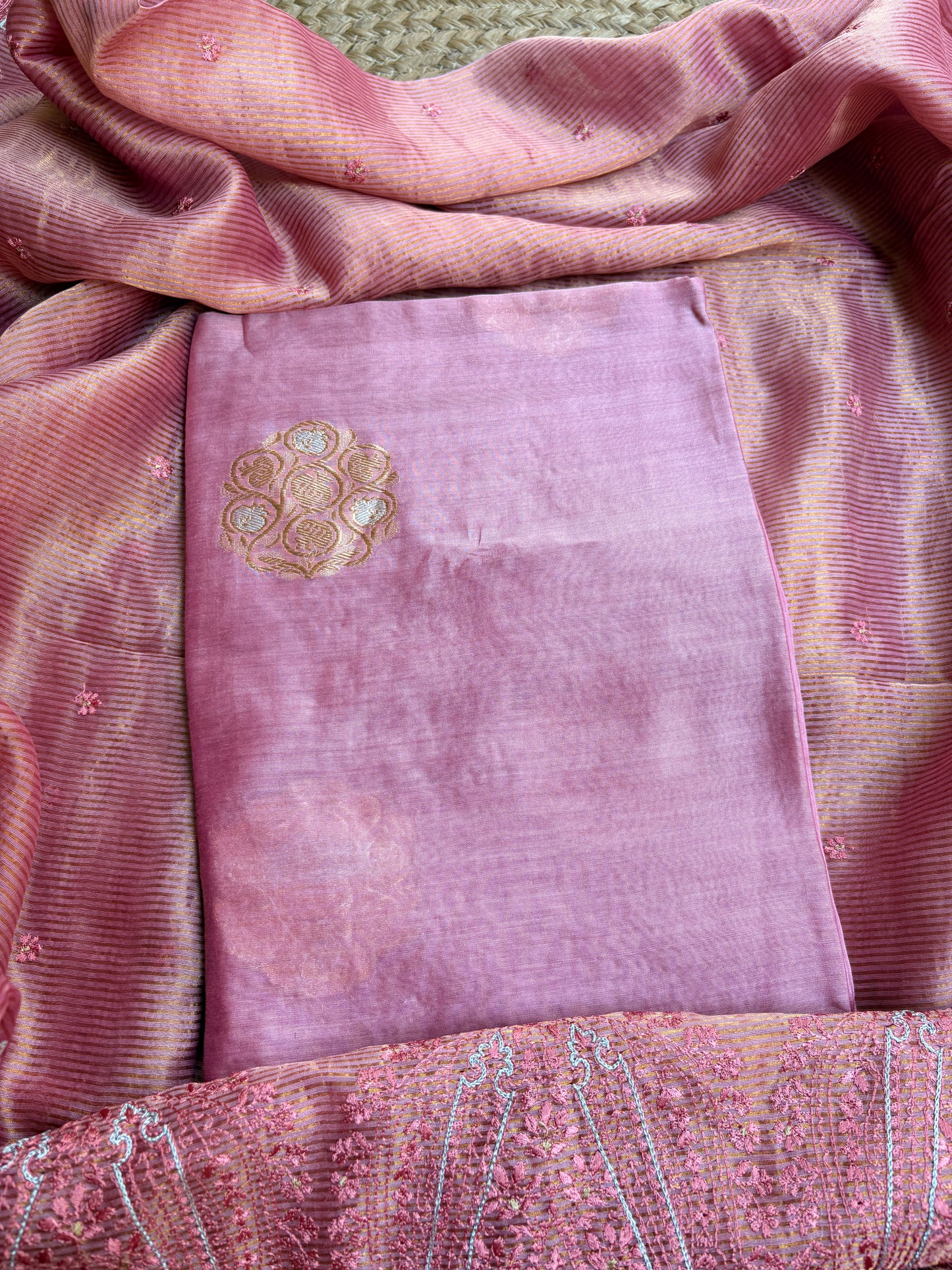 Pink handloom silk kadhwa kurta, bottom, tissue kadhwa dupatta