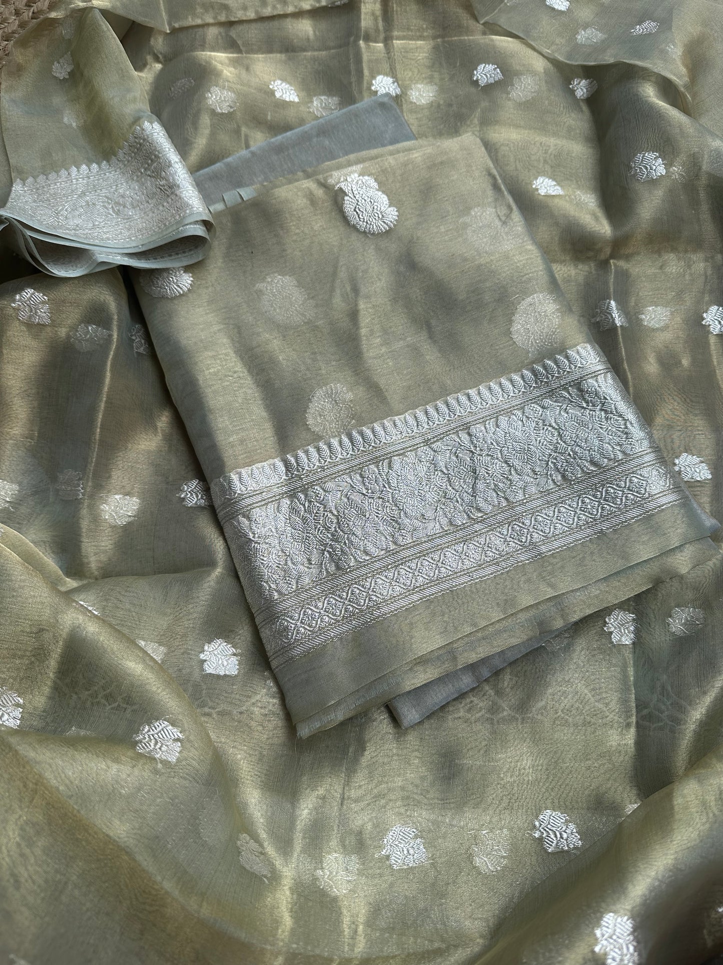 Mint green pure silver zari kadhwa tissue suit set