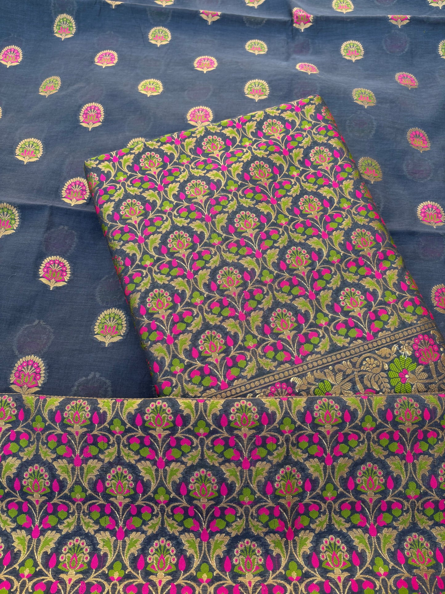 Blue jaal weaving Chanderi 3 piece suit set