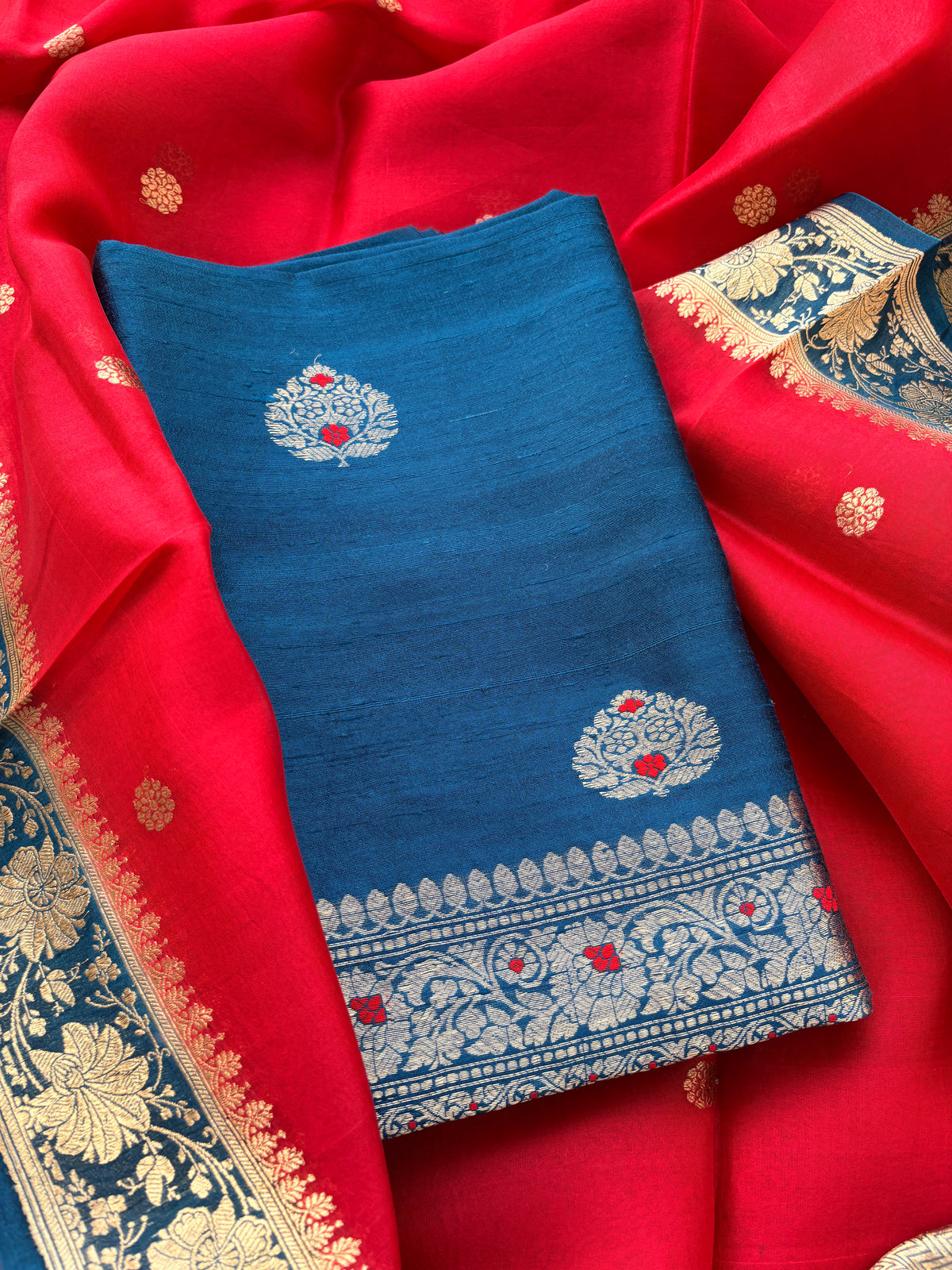 Blue red tussar silk suit set