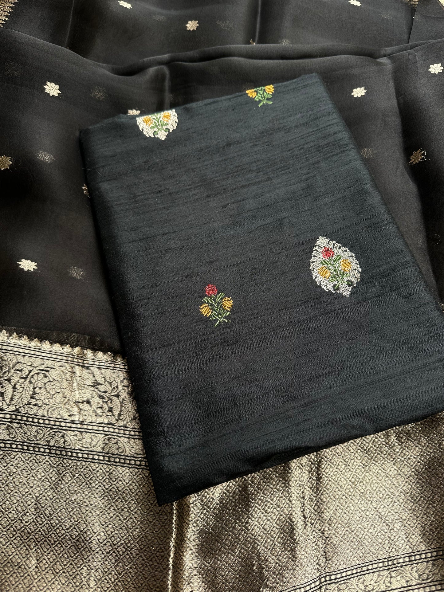 Black raw silk meenadar kurta, kora silk dupatta, plain bottom
