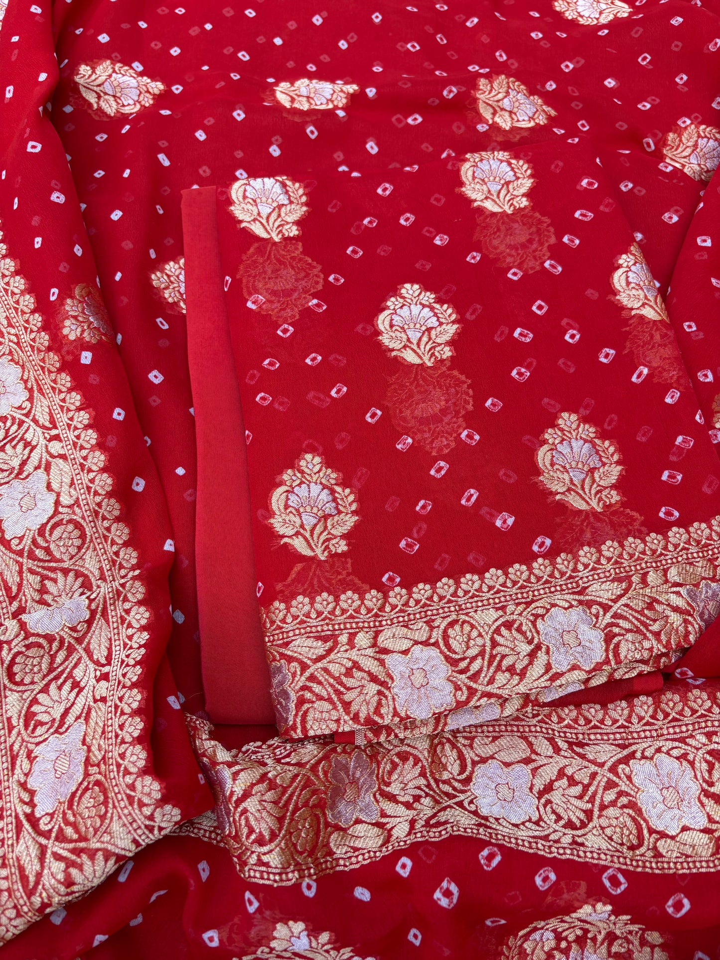 Red Khaddi georgette kadhwa bandhani 3 piece suit set