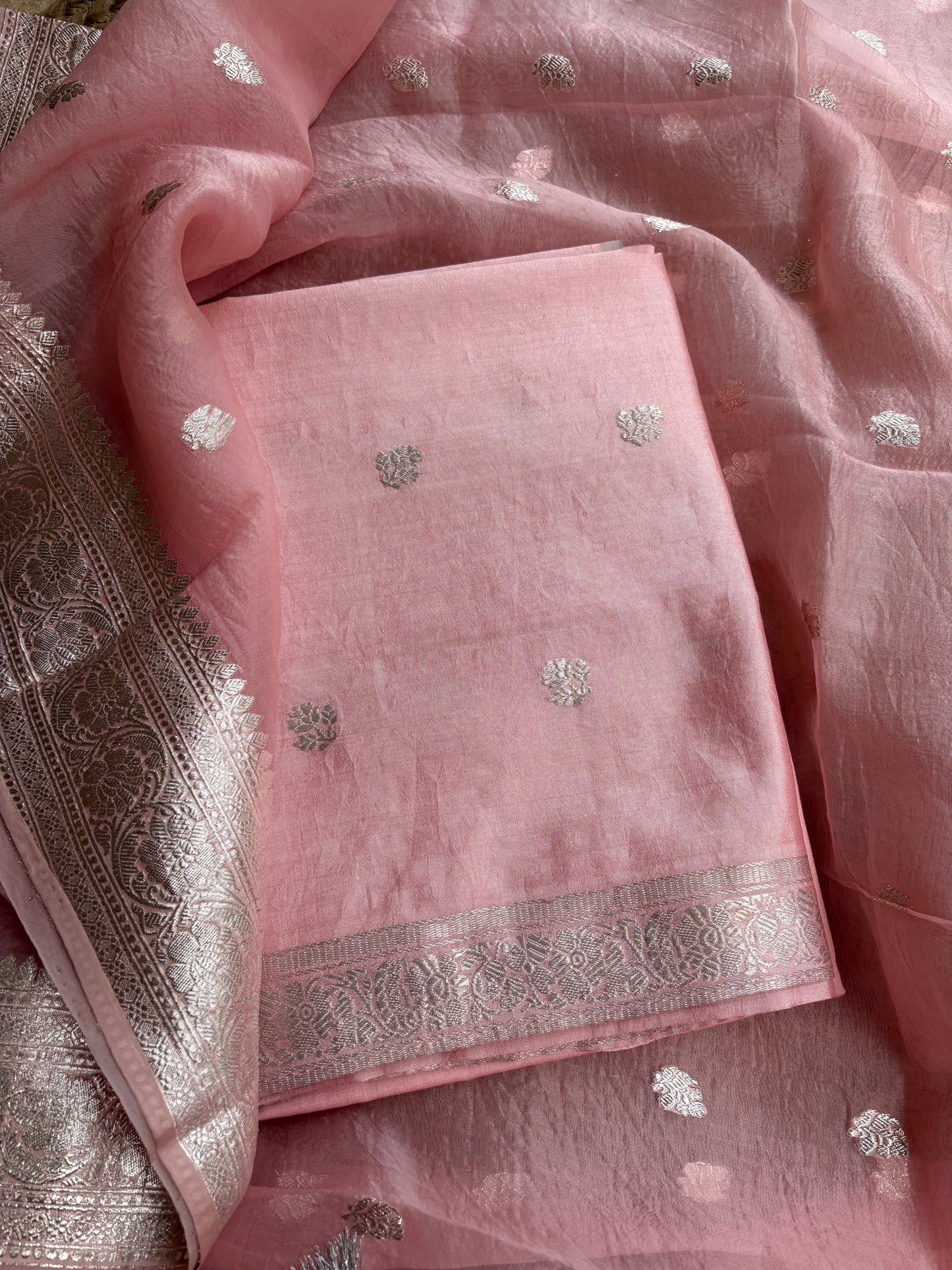 Pink silver zari Chiniya kora silk suit set