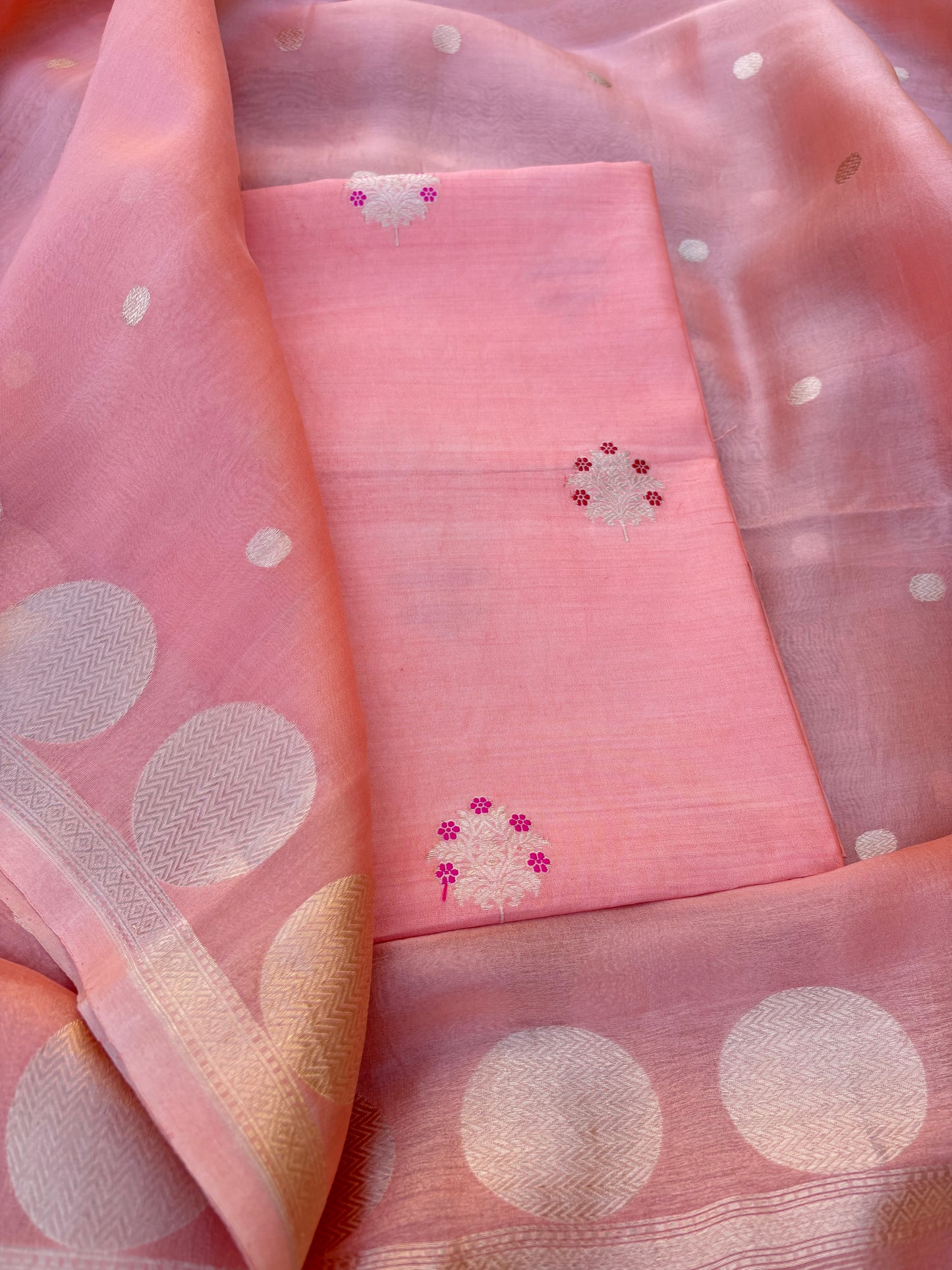 Peach meenadar kurta, plain bottom, kora silk dupatta