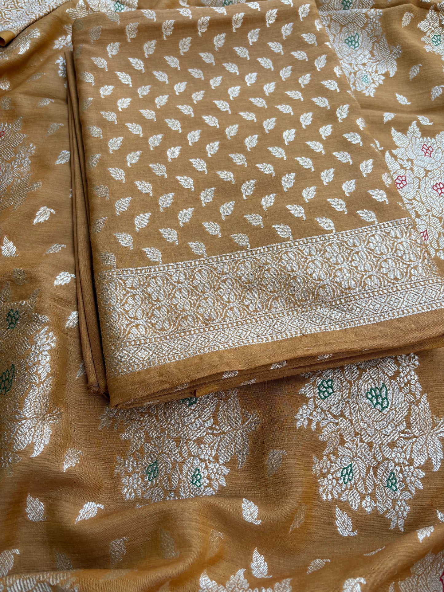Mustard moonga silk kurta, meenadar Jaal dupatta, plain bottom
