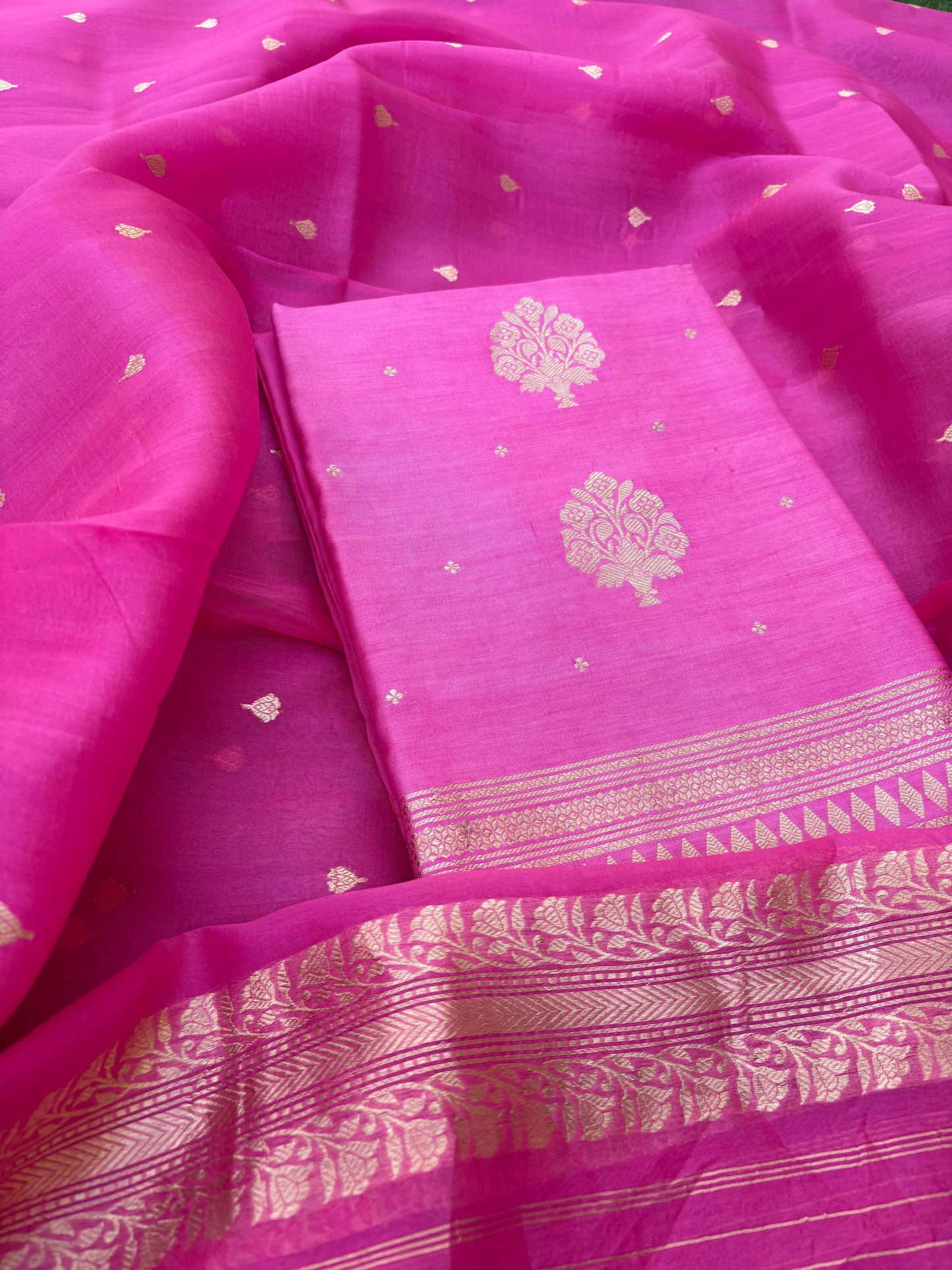 Pink Chiniya silk, kora silk dupatt 3 piece suit set