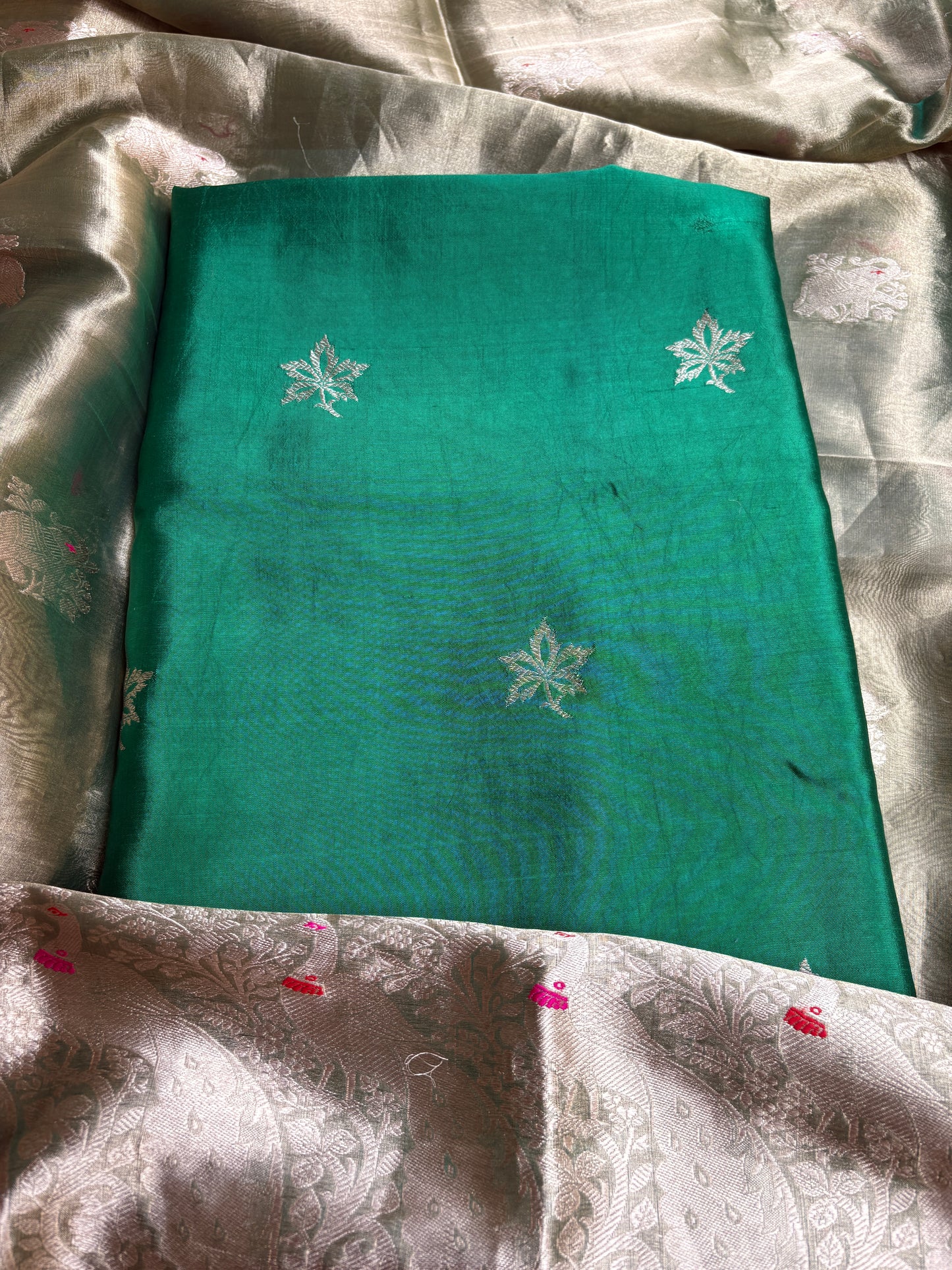 Green pure silk kadhwa kurta, tissue dupatta