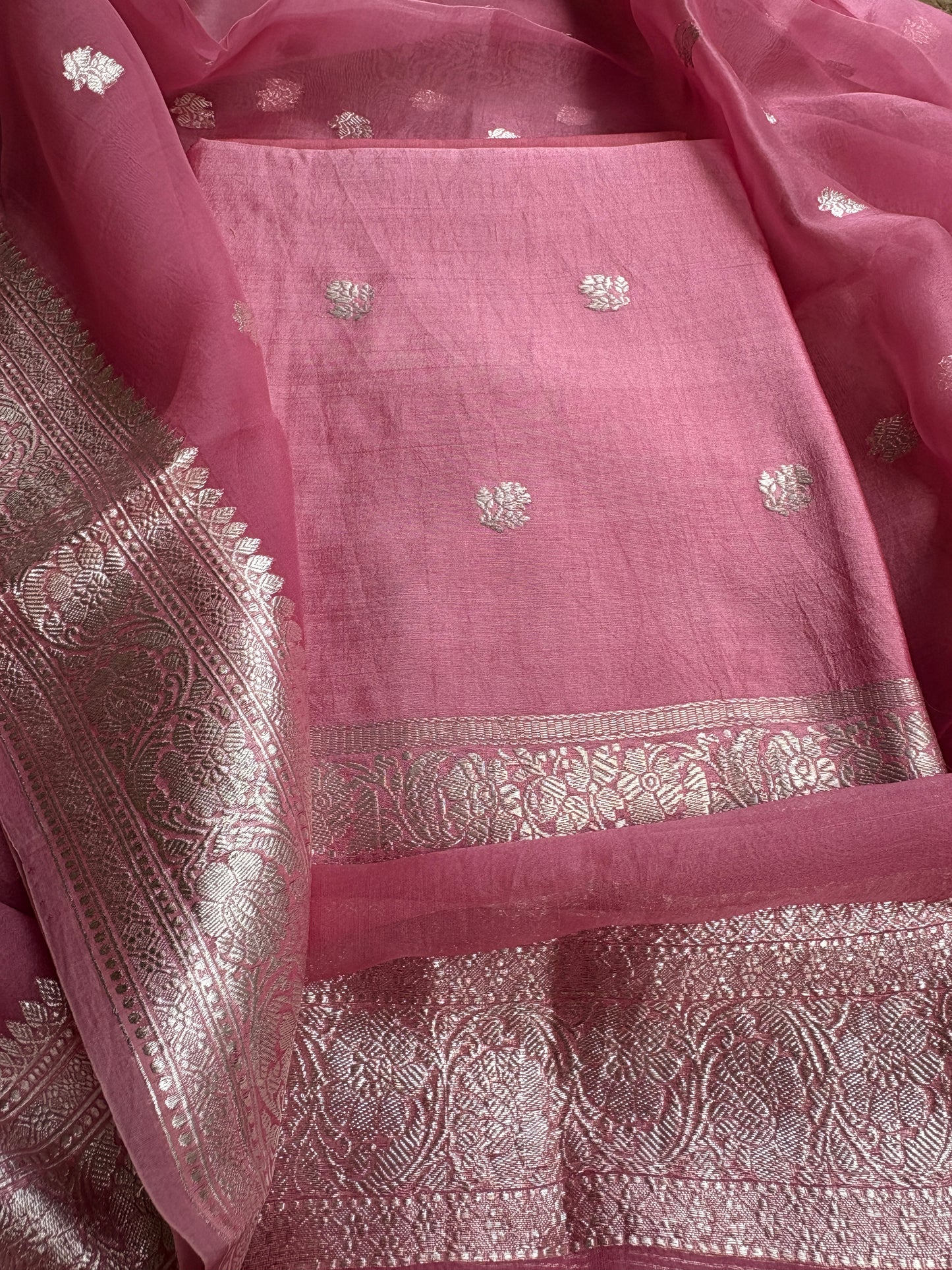 Pink silver zari Chiniya kora suit set