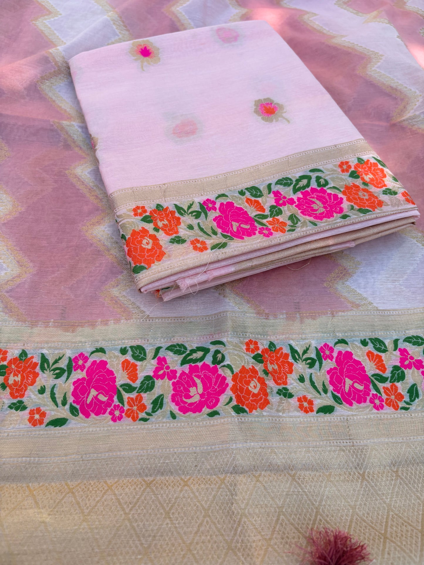 Pink meenadar Chanderi cotton 3 piece suit set