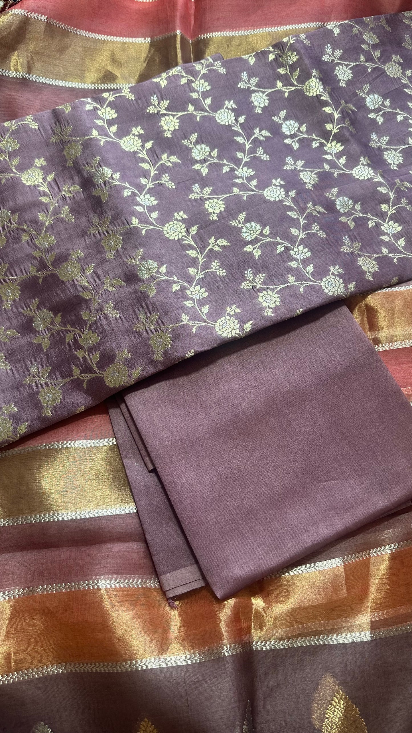 Lavender chiniya silk kurta, kora silk Rangkat dupatta, plain silk bottom