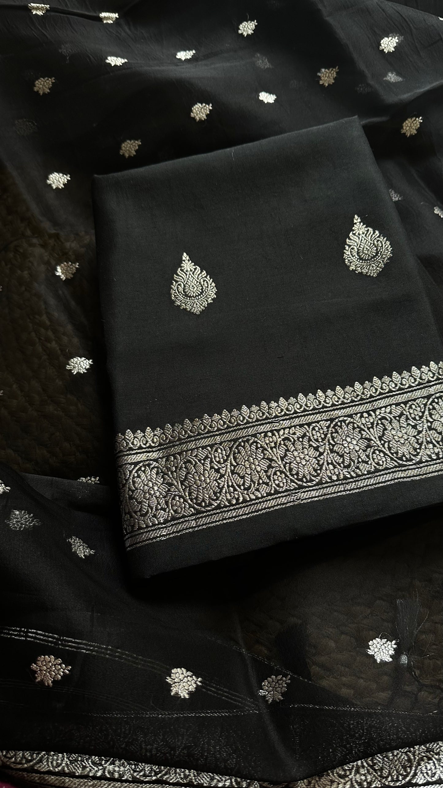 Black pure silver zari kurta, silver dupatta and plain bottom