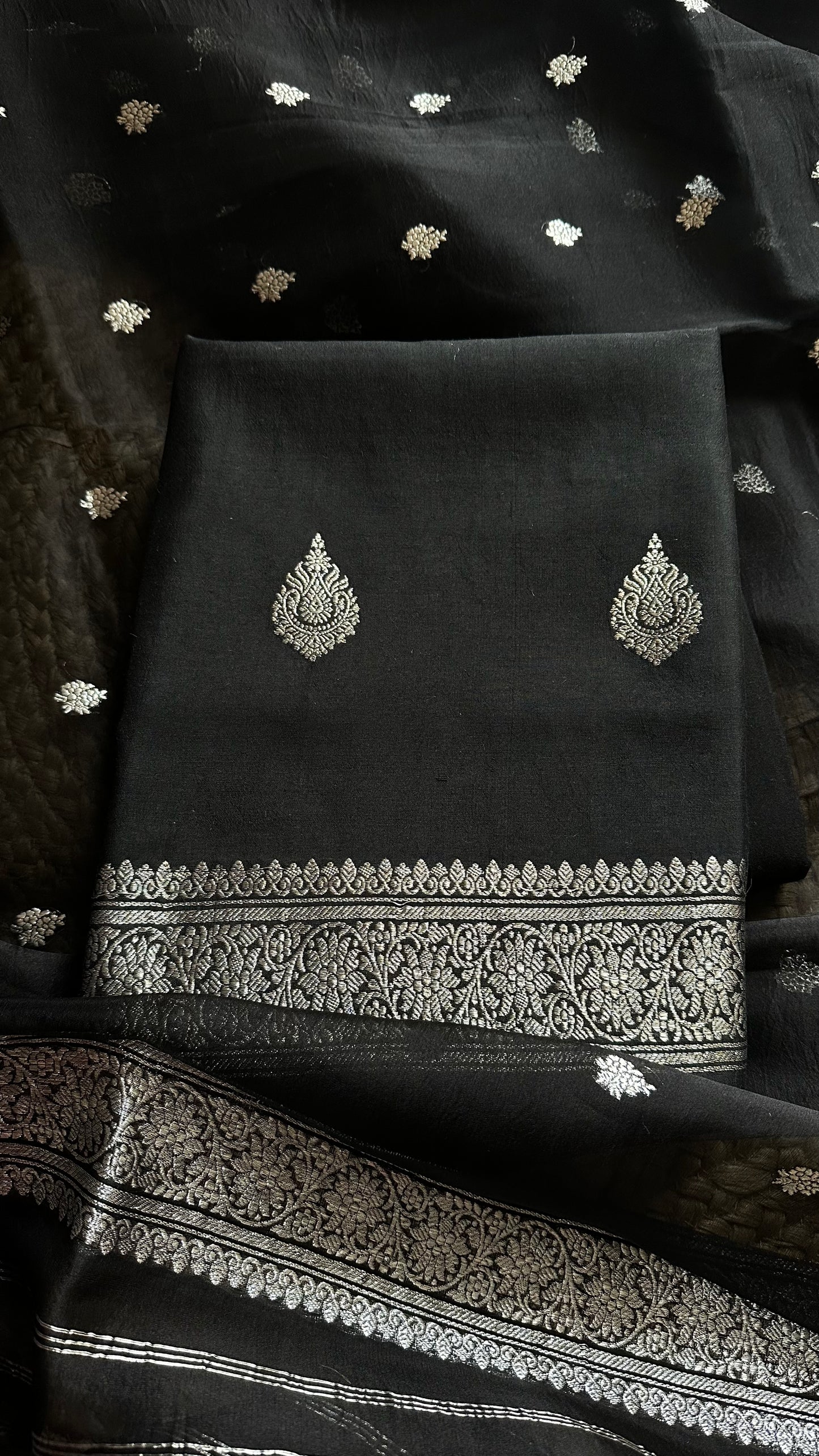 Black pure silver zari kurta, silver dupatta and plain bottom