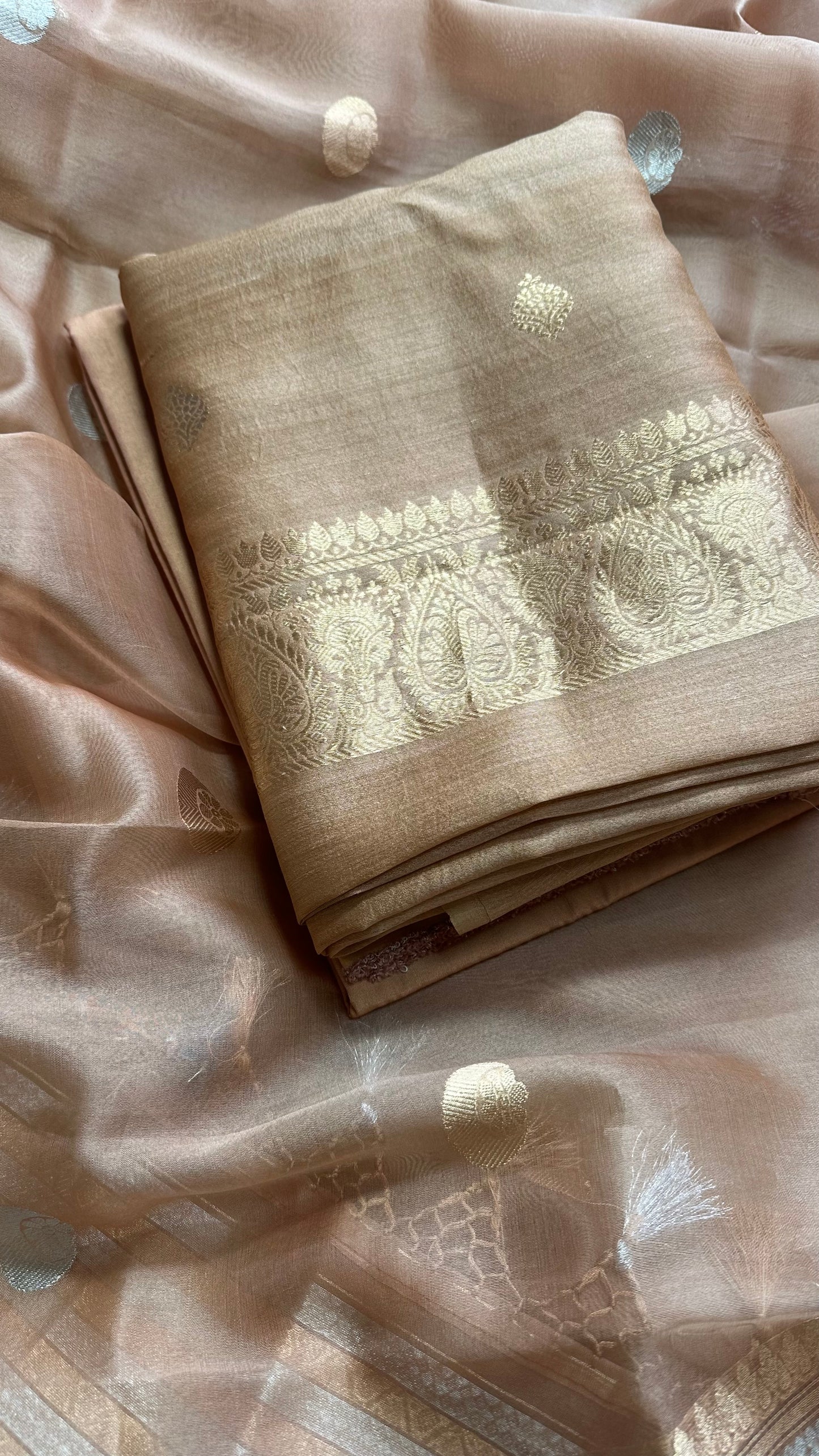Beige tussar silk kurta, kora Chand Tara dupatta, plain bottom
