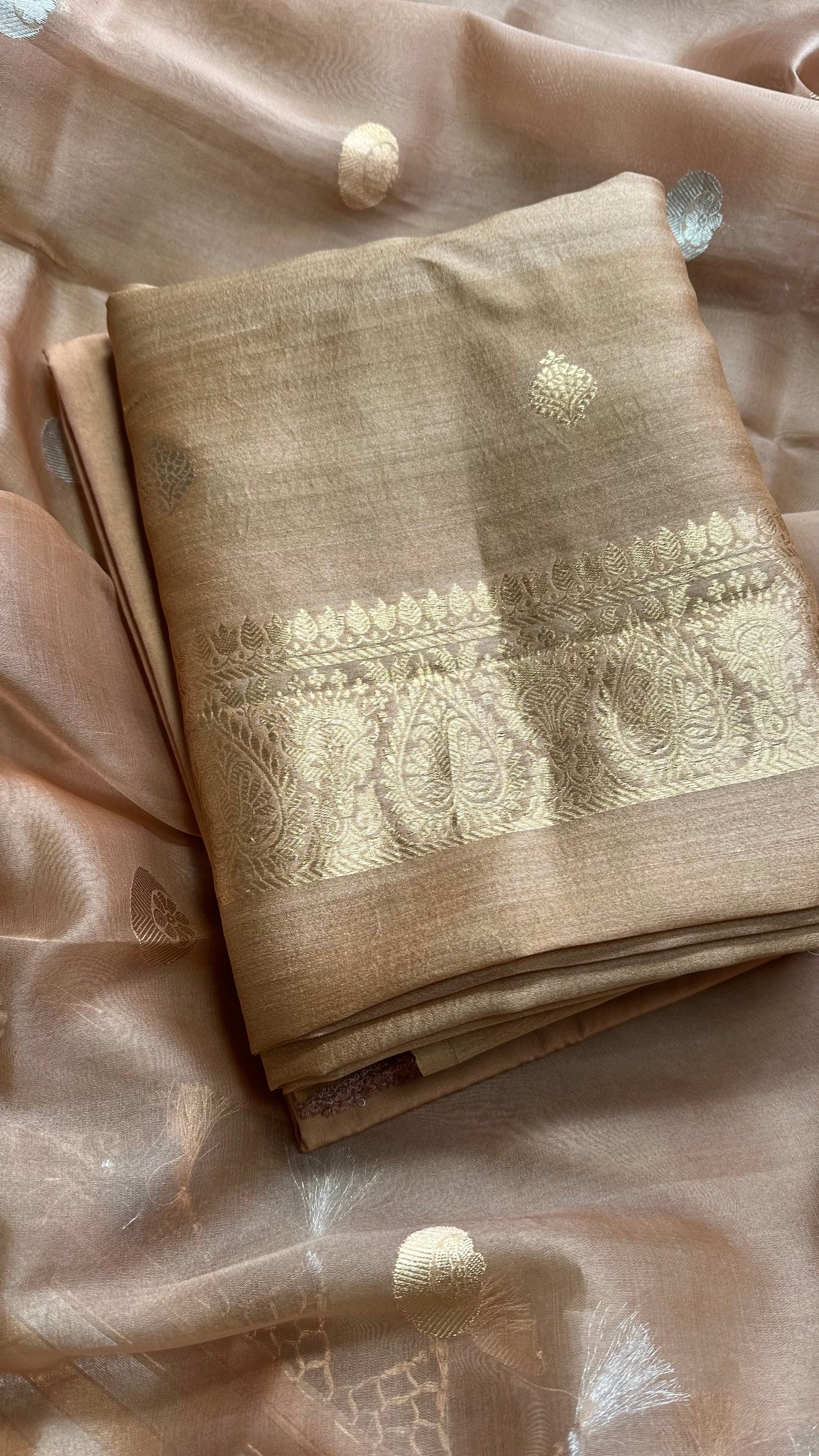 Beige tussar silk kurta, kora Chand Tara dupatta, plain bottom
