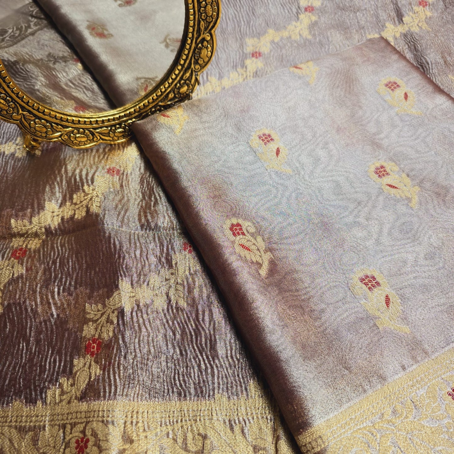 Purple meendar tissue kurta, crush meendar dupatta, plain cotton silk bottom