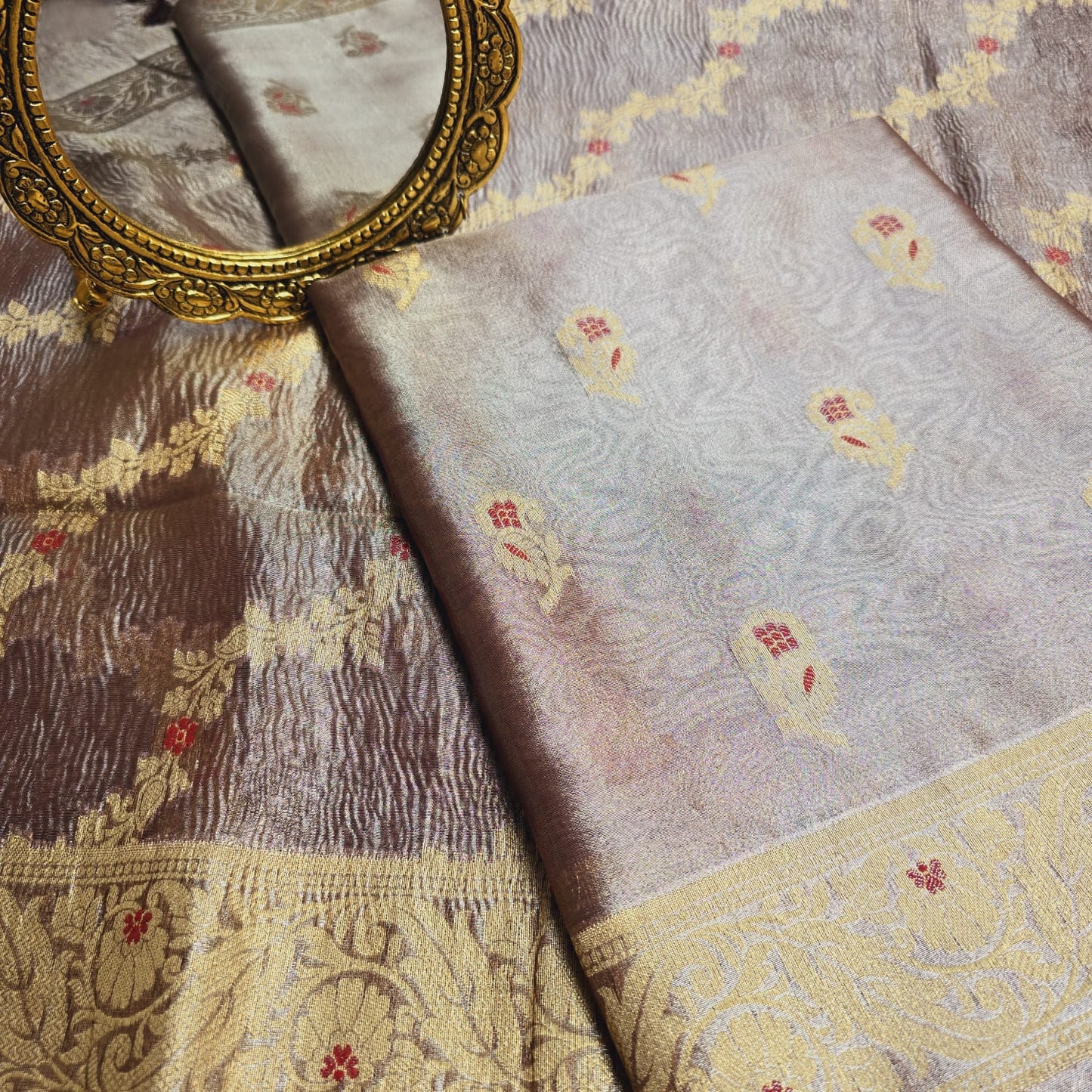 Purple meendar tissue kurta, crush meendar dupatta, plain cotton silk bottom